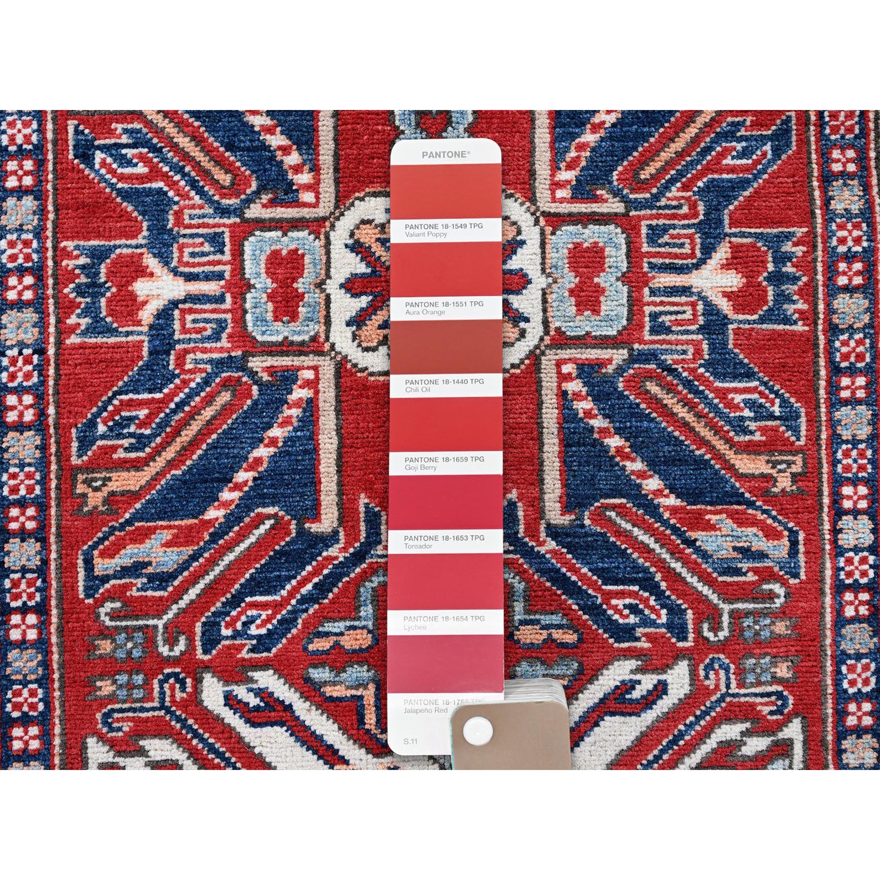 2'9"x9'10" Crimson Red, Eagle Kazak with Tribal Medallions Design, Soft and Shiny Wool, Hand Knotted, Vegetable Dyes, Denser Weave, Runner, Oriental Rug Sh466