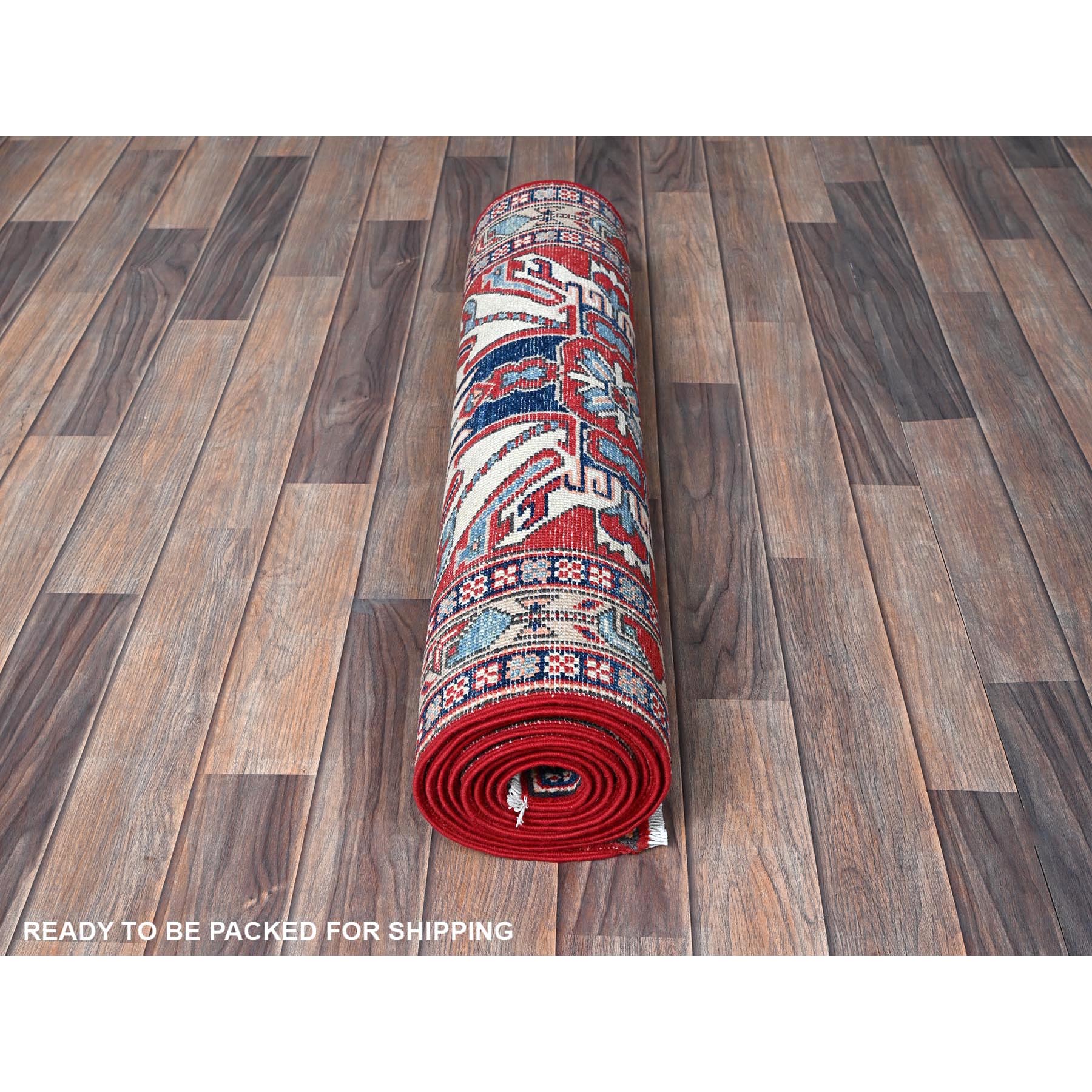 2'9"x9'10" Crimson Red, Eagle Kazak with Tribal Medallions Design, Soft and Shiny Wool, Hand Knotted, Vegetable Dyes, Denser Weave, Runner, Oriental Rug Sh466