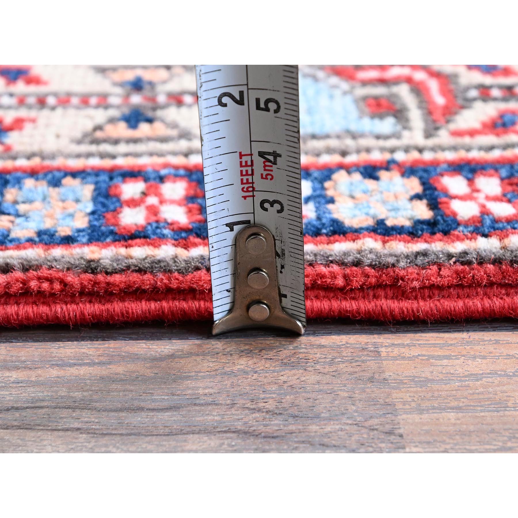 2'9"x9'10" Crimson Red, Eagle Kazak with Tribal Medallions Design, Soft and Shiny Wool, Hand Knotted, Vegetable Dyes, Denser Weave, Runner, Oriental Rug Sh466
