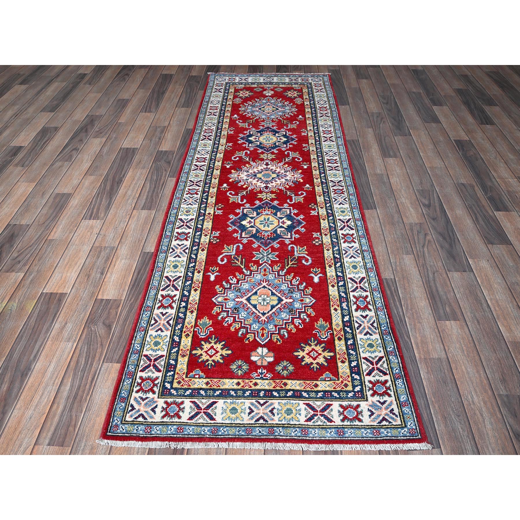 2'8"x8' Scarlet Red, Kazak with Geometric Medallions Design, Soft and Vibrant Wool, Hand Knotted, Vegetable Dyes, Denser Weave, Runner, Oriental Rug Sh467