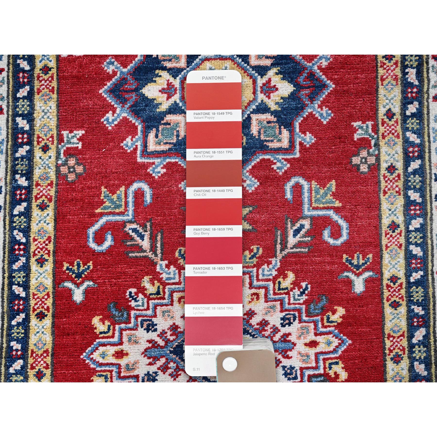 2'8"x8' Scarlet Red, Kazak with Geometric Medallions Design, Soft and Vibrant Wool, Hand Knotted, Vegetable Dyes, Denser Weave, Runner, Oriental Rug Sh467