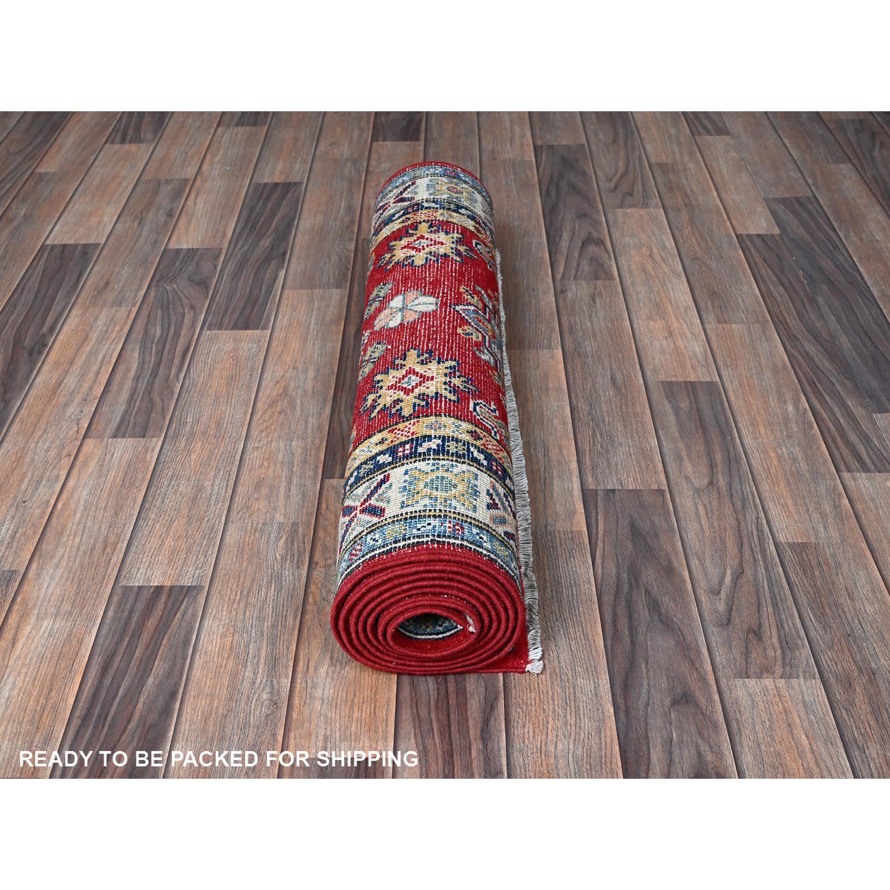 2'8"x8' Scarlet Red, Kazak with Geometric Medallions Design, Soft and Vibrant Wool, Hand Knotted, Vegetable Dyes, Denser Weave, Runner, Oriental Rug Sh467