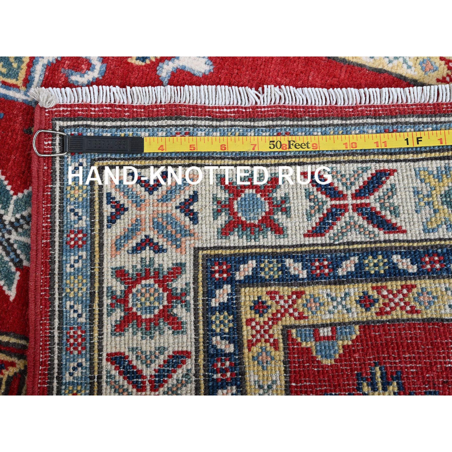 2'8"x8' Scarlet Red, Kazak with Geometric Medallions Design, Soft and Vibrant Wool, Hand Knotted, Vegetable Dyes, Denser Weave, Runner, Oriental Rug Sh467