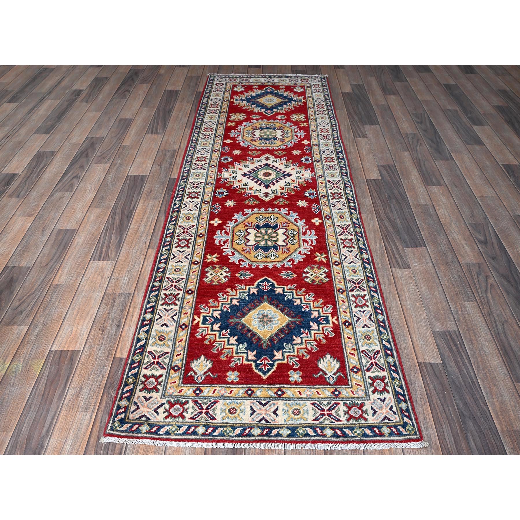 2'7"x8'1" Arsenal Red, Kazak with Tribal Medallions Design, Hand Knotted, Soft and Velvety Wool, Vegetable Dyes, Denser Weave, Runner, Oriental Rug Sh468