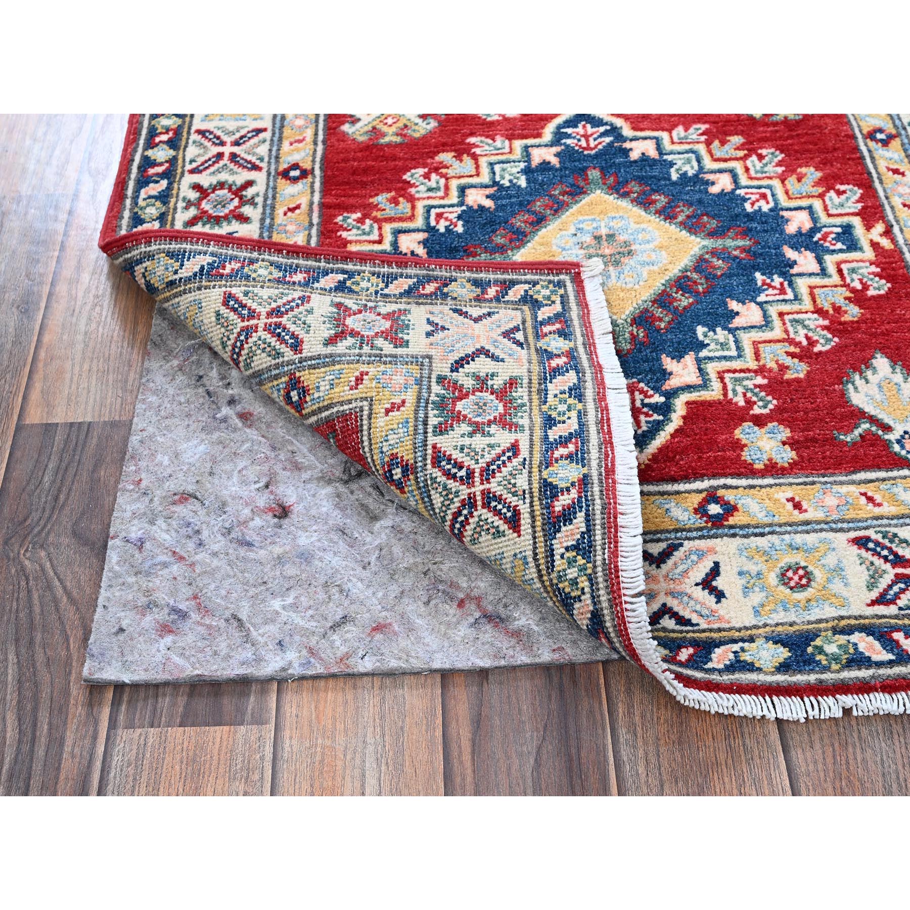 2'7"x8'1" Arsenal Red, Kazak with Tribal Medallions Design, Hand Knotted, Soft and Velvety Wool, Vegetable Dyes, Denser Weave, Runner, Oriental Rug Sh468