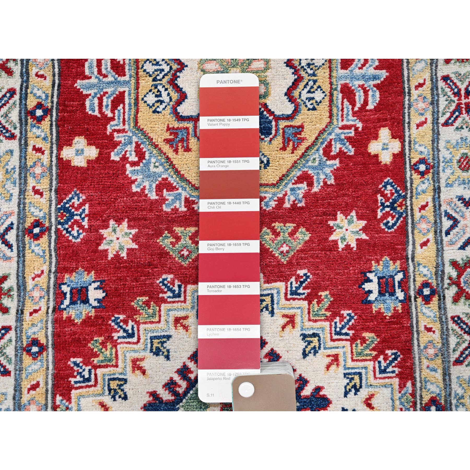 2'7"x8'1" Arsenal Red, Kazak with Tribal Medallions Design, Hand Knotted, Soft and Velvety Wool, Vegetable Dyes, Denser Weave, Runner, Oriental Rug Sh468