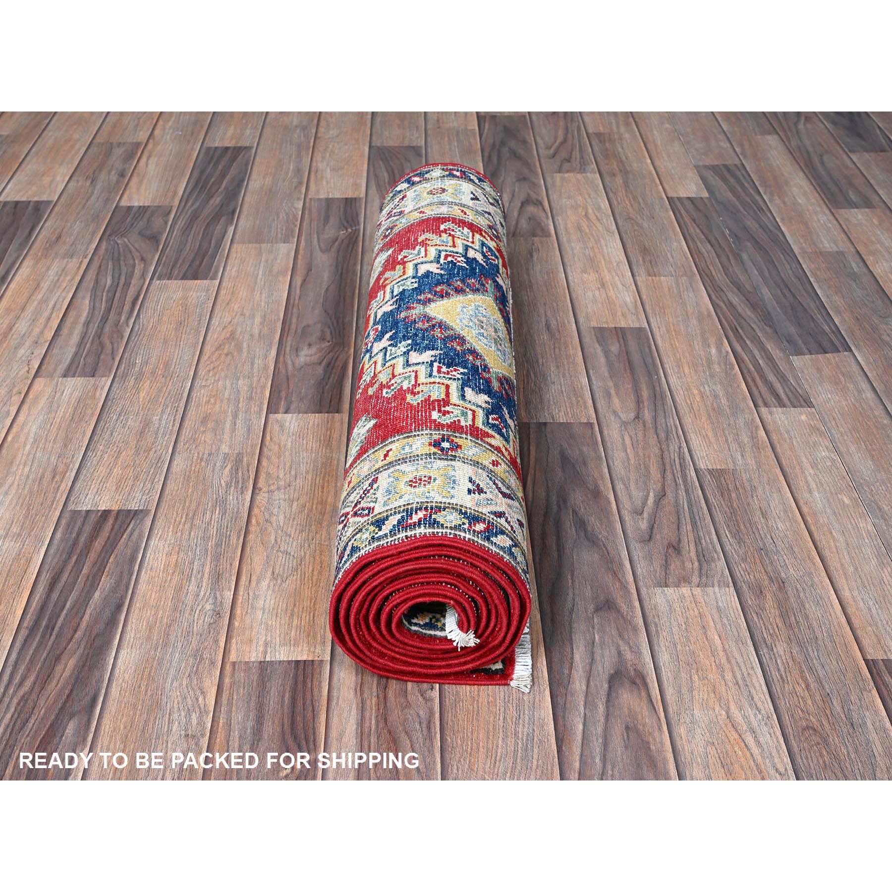 2'7"x8'1" Arsenal Red, Kazak with Tribal Medallions Design, Hand Knotted, Soft and Velvety Wool, Vegetable Dyes, Denser Weave, Runner, Oriental Rug Sh468