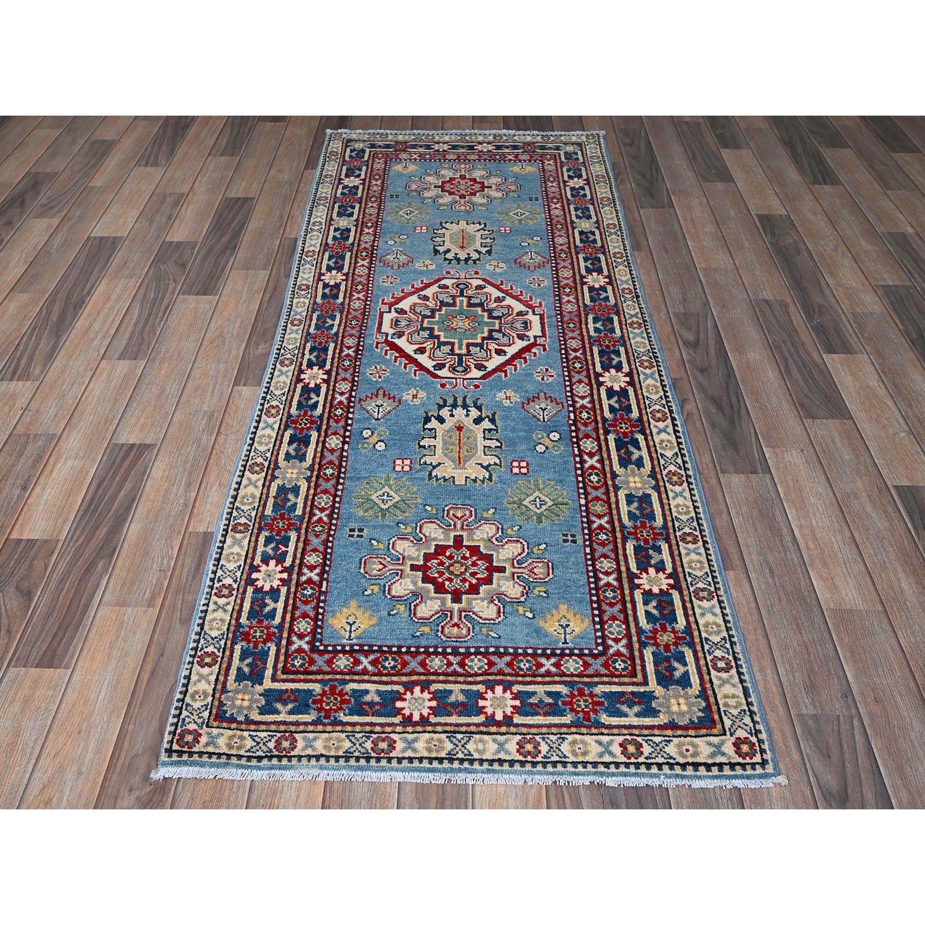2'8"x6'8" Carolina Blue, Kazak with Tribal Medallion Design, Hand Knotted, Soft and Velvety Wool, Vegetable Dyes, Denser Weave, Runner, Oriental Rug Sh469