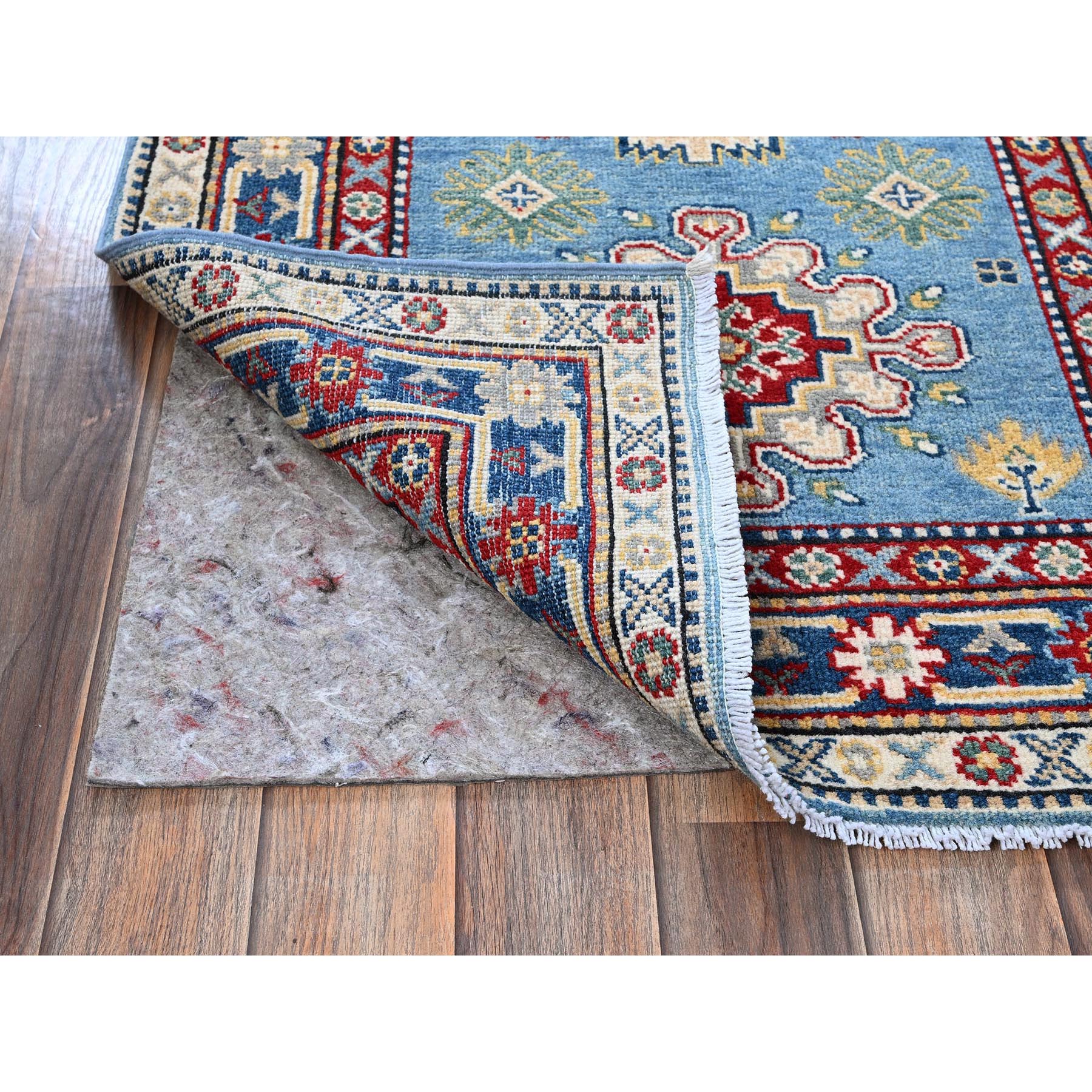 2'8"x6'8" Carolina Blue, Kazak with Tribal Medallion Design, Hand Knotted, Soft and Velvety Wool, Vegetable Dyes, Denser Weave, Runner, Oriental Rug Sh469