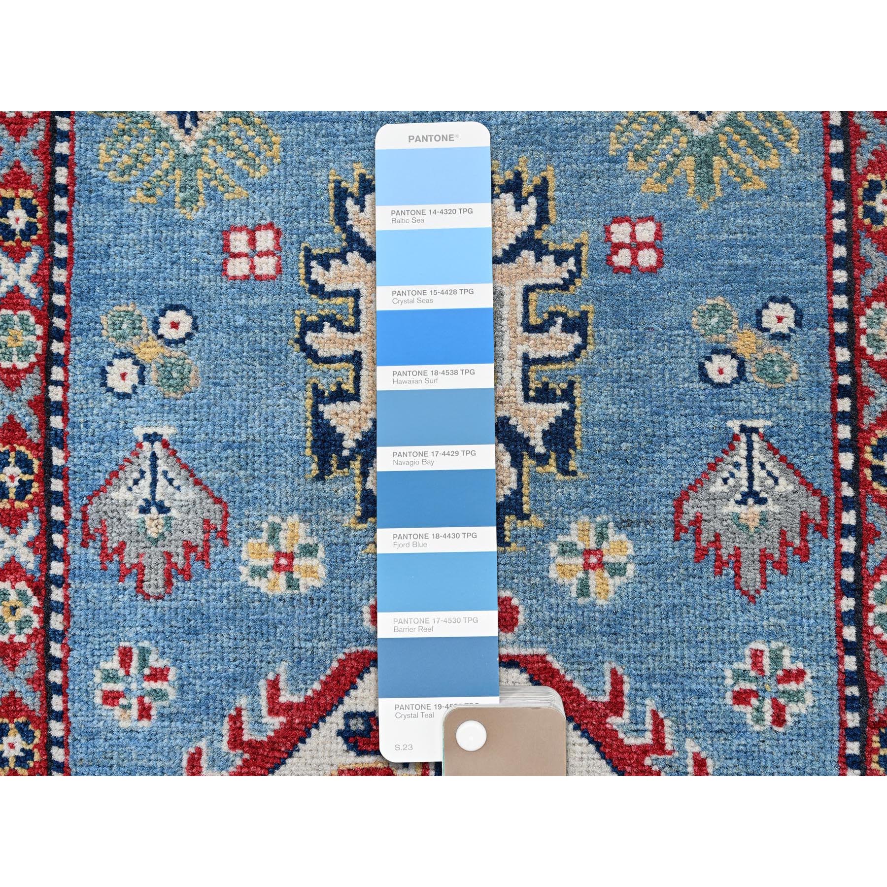 2'8"x6'8" Carolina Blue, Kazak with Tribal Medallion Design, Hand Knotted, Soft and Velvety Wool, Vegetable Dyes, Denser Weave, Runner, Oriental Rug Sh469