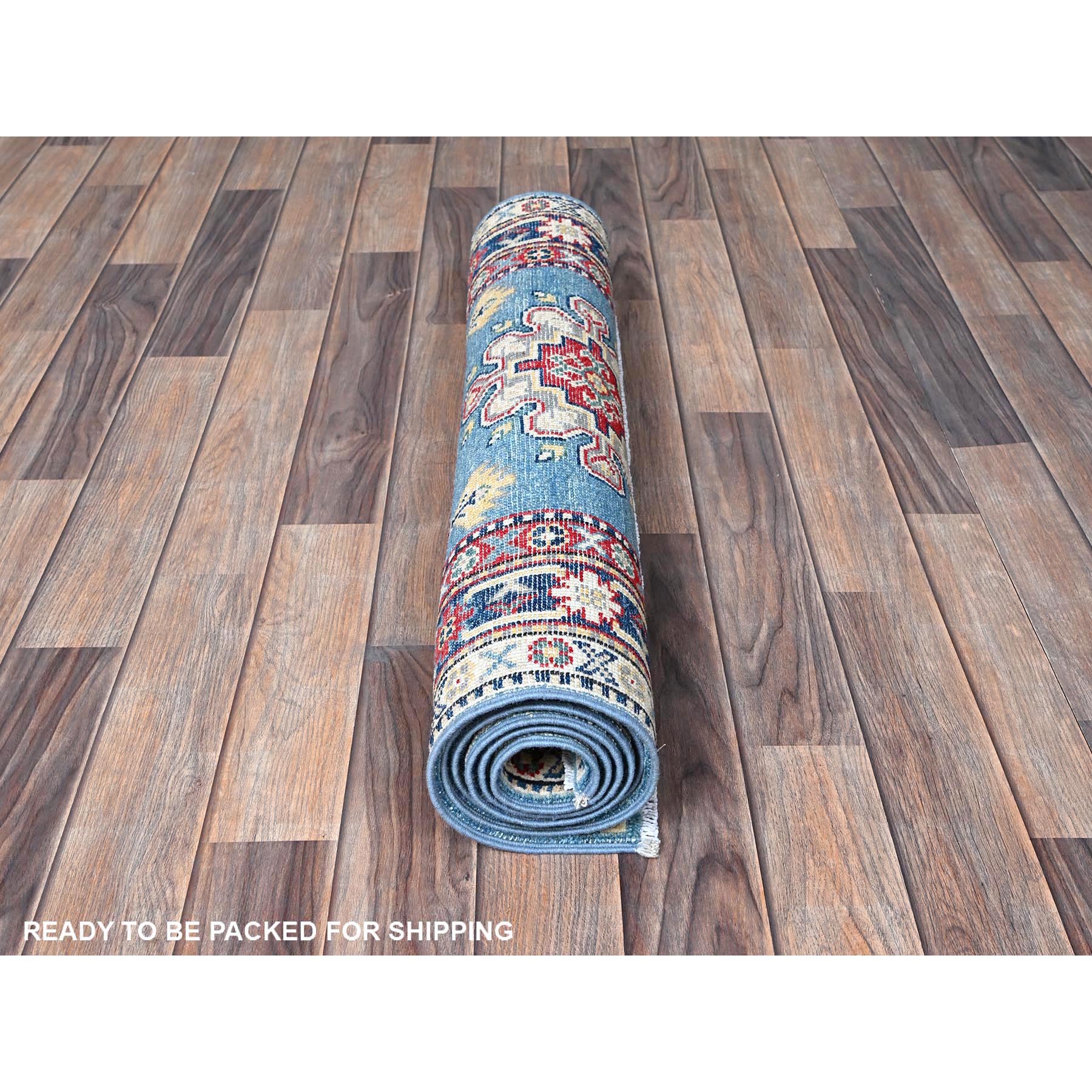 2'8"x6'8" Carolina Blue, Kazak with Tribal Medallion Design, Hand Knotted, Soft and Velvety Wool, Vegetable Dyes, Denser Weave, Runner, Oriental Rug Sh469