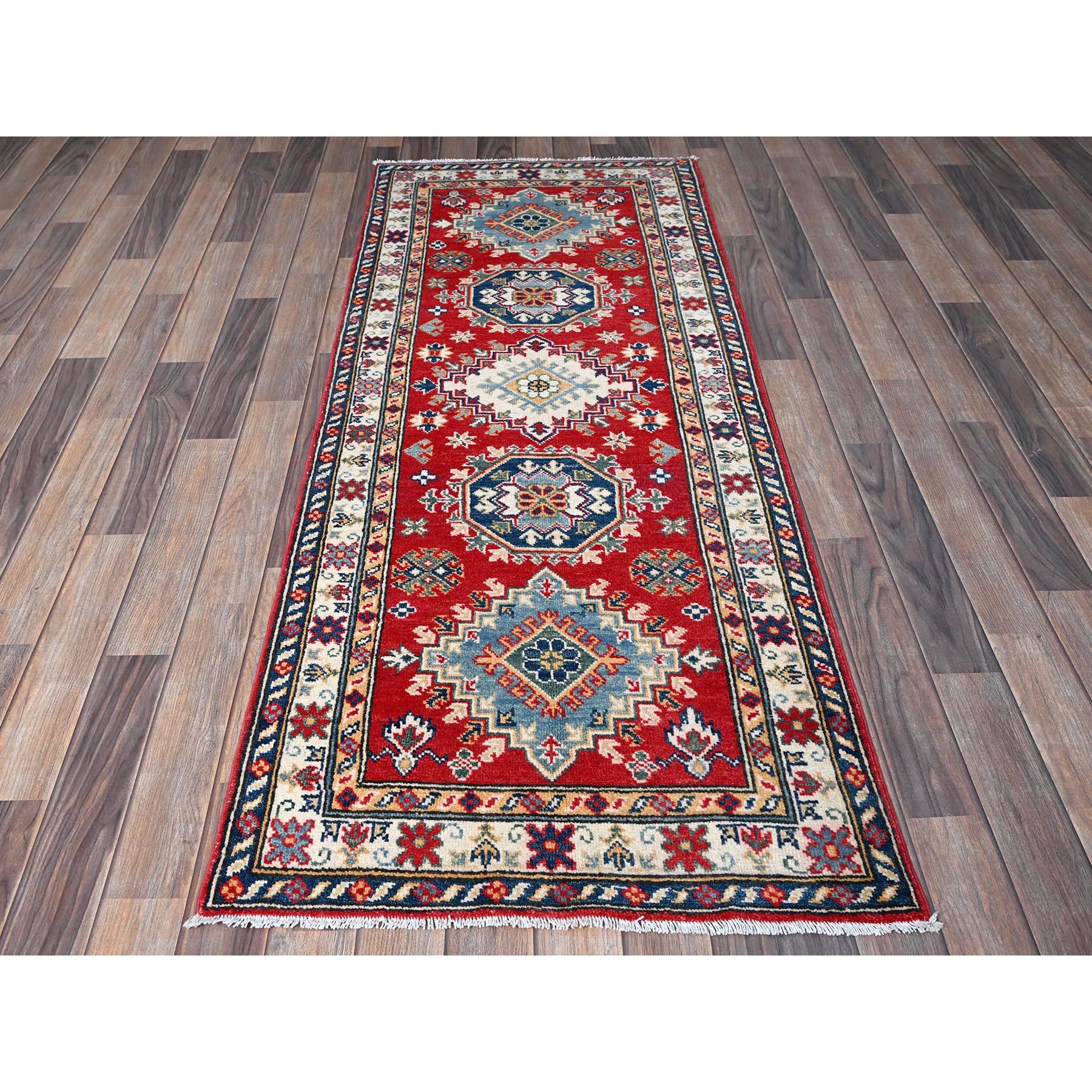 2'7"x6'8" Arsenal Red, Kazak with Geometric Medallions Design, Soft and Shiny Wool, Hand Knotted, Vegetable Dyes, Denser Weave, Runner, Oriental Rug Sh470