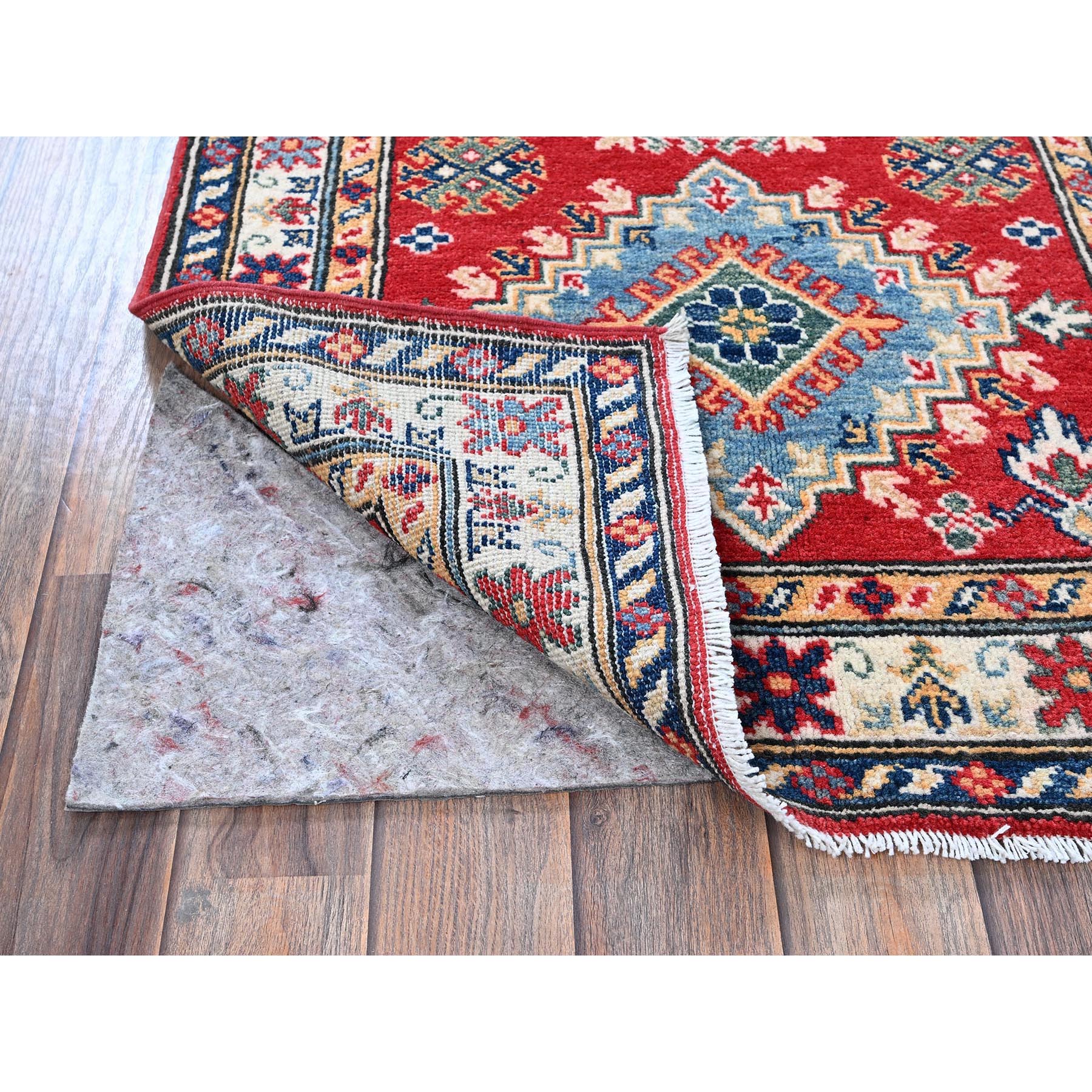 2'7"x6'8" Arsenal Red, Kazak with Geometric Medallions Design, Soft and Shiny Wool, Hand Knotted, Vegetable Dyes, Denser Weave, Runner, Oriental Rug Sh470