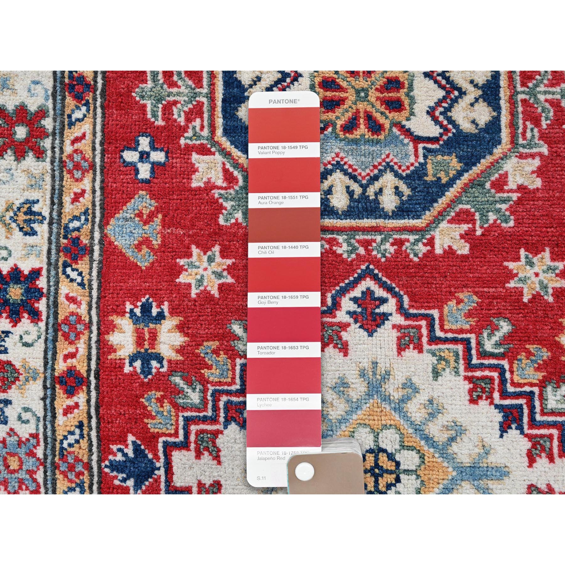 2'7"x6'8" Arsenal Red, Kazak with Geometric Medallions Design, Soft and Shiny Wool, Hand Knotted, Vegetable Dyes, Denser Weave, Runner, Oriental Rug Sh470