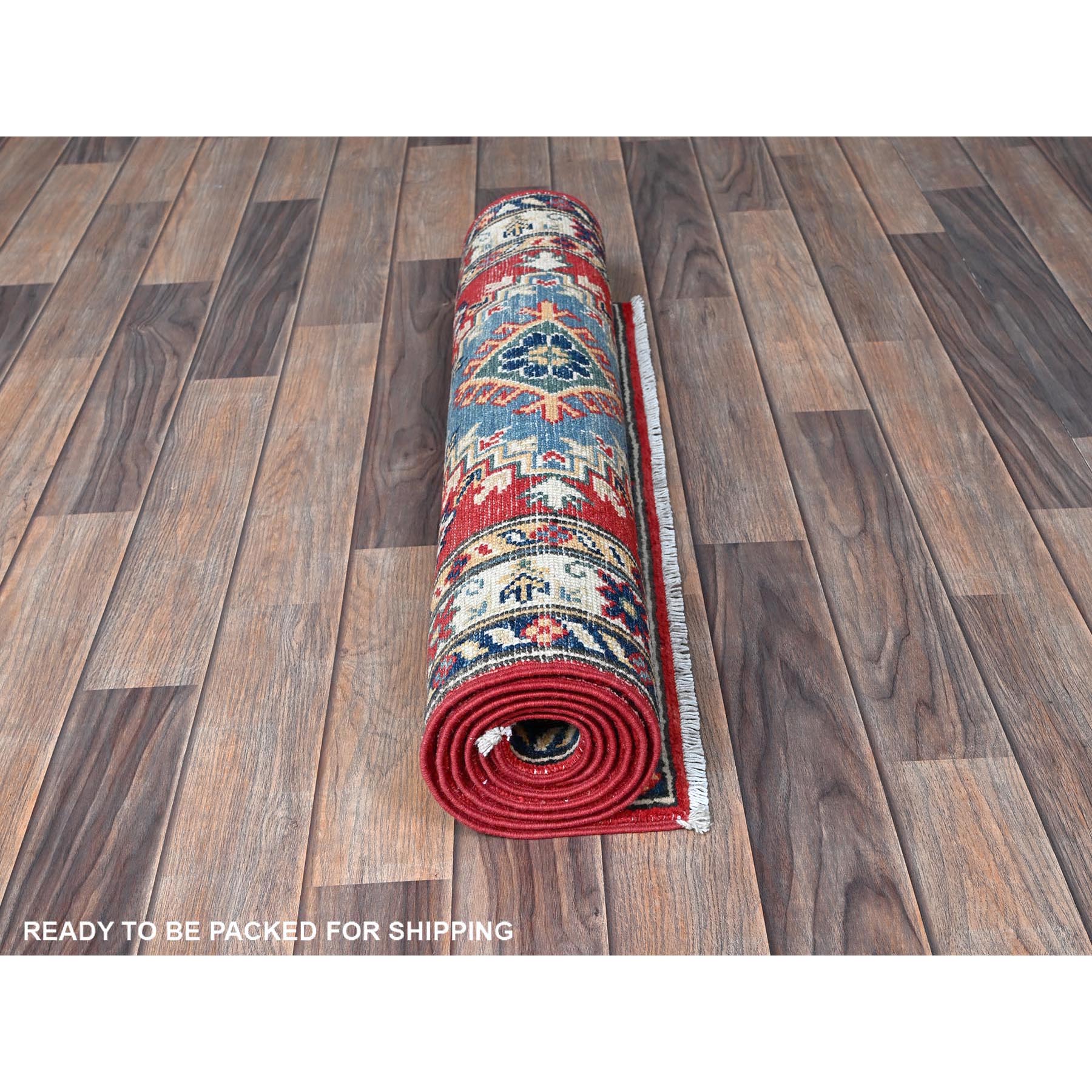 2'7"x6'8" Arsenal Red, Kazak with Geometric Medallions Design, Soft and Shiny Wool, Hand Knotted, Vegetable Dyes, Denser Weave, Runner, Oriental Rug Sh470