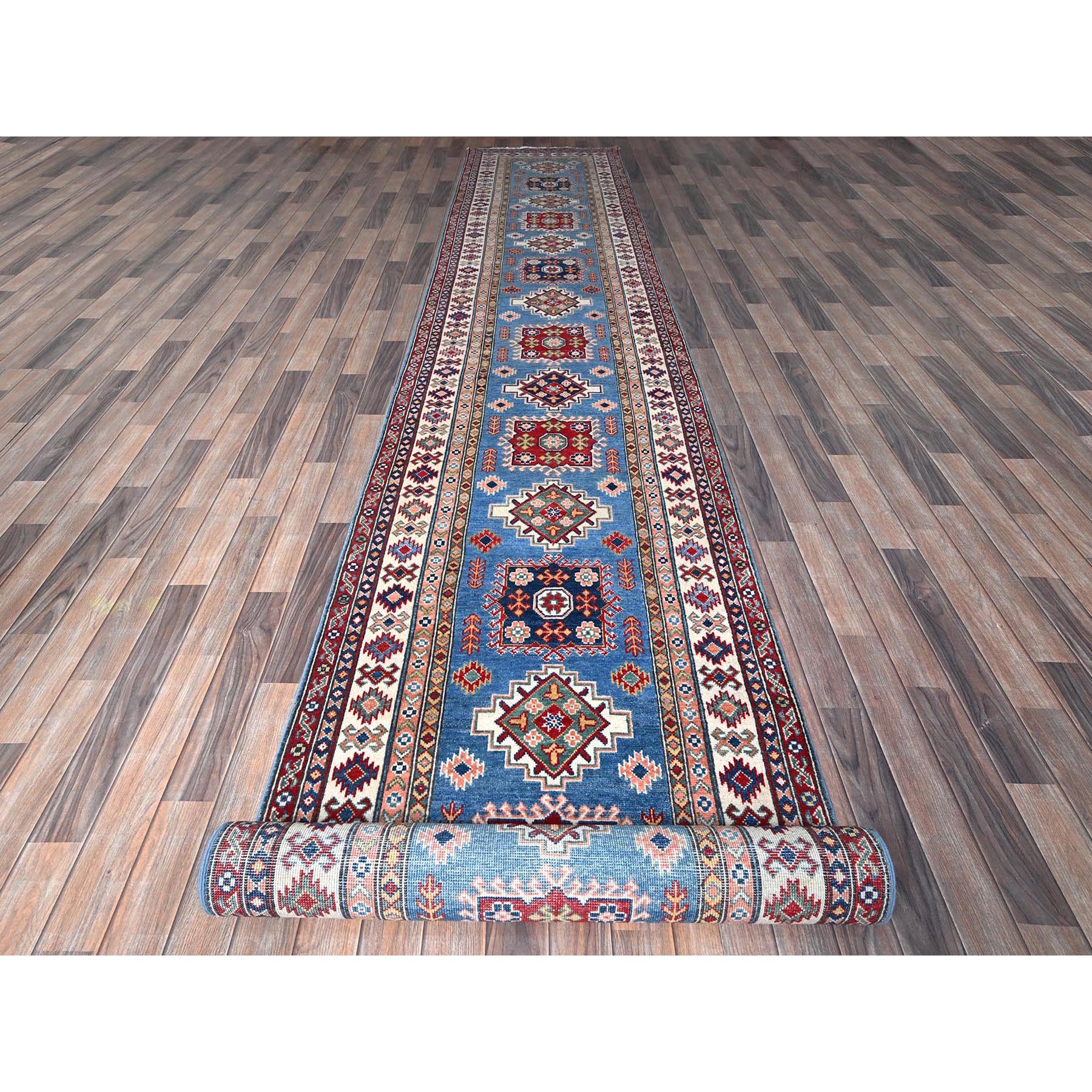 3'4"x19'6" Bayern Blue, Kazak with Geometric Medallions Design, Soft and Shiny Wool, Hand Knotted, Vegetable Dyes, Denser Weave, XL Wide Runner, Oriental Rug Sh471
