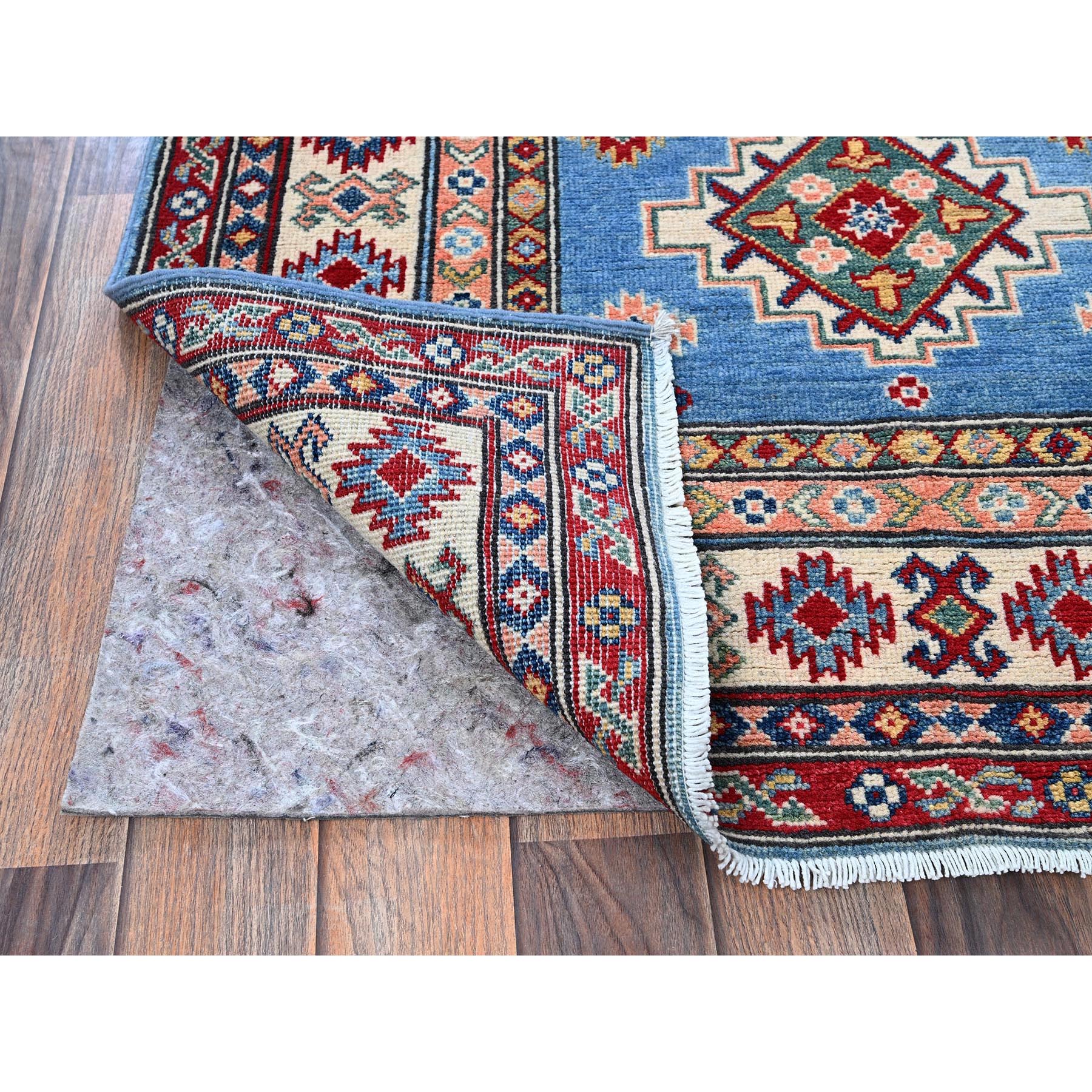 3'4"x19'6" Bayern Blue, Kazak with Geometric Medallions Design, Soft and Shiny Wool, Hand Knotted, Vegetable Dyes, Denser Weave, XL Wide Runner, Oriental Rug Sh471