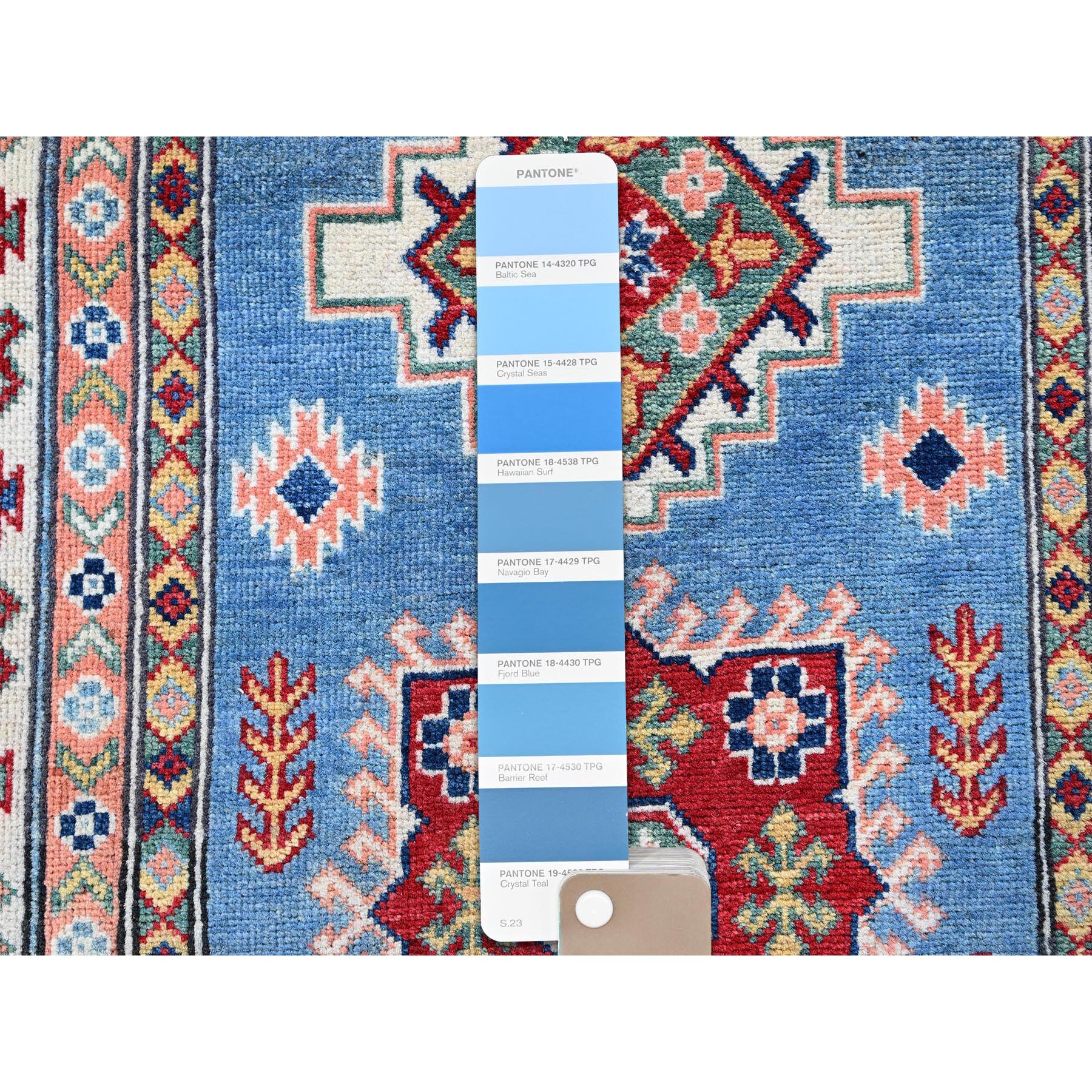 3'4"x19'6" Bayern Blue, Kazak with Geometric Medallions Design, Soft and Shiny Wool, Hand Knotted, Vegetable Dyes, Denser Weave, XL Wide Runner, Oriental Rug Sh471