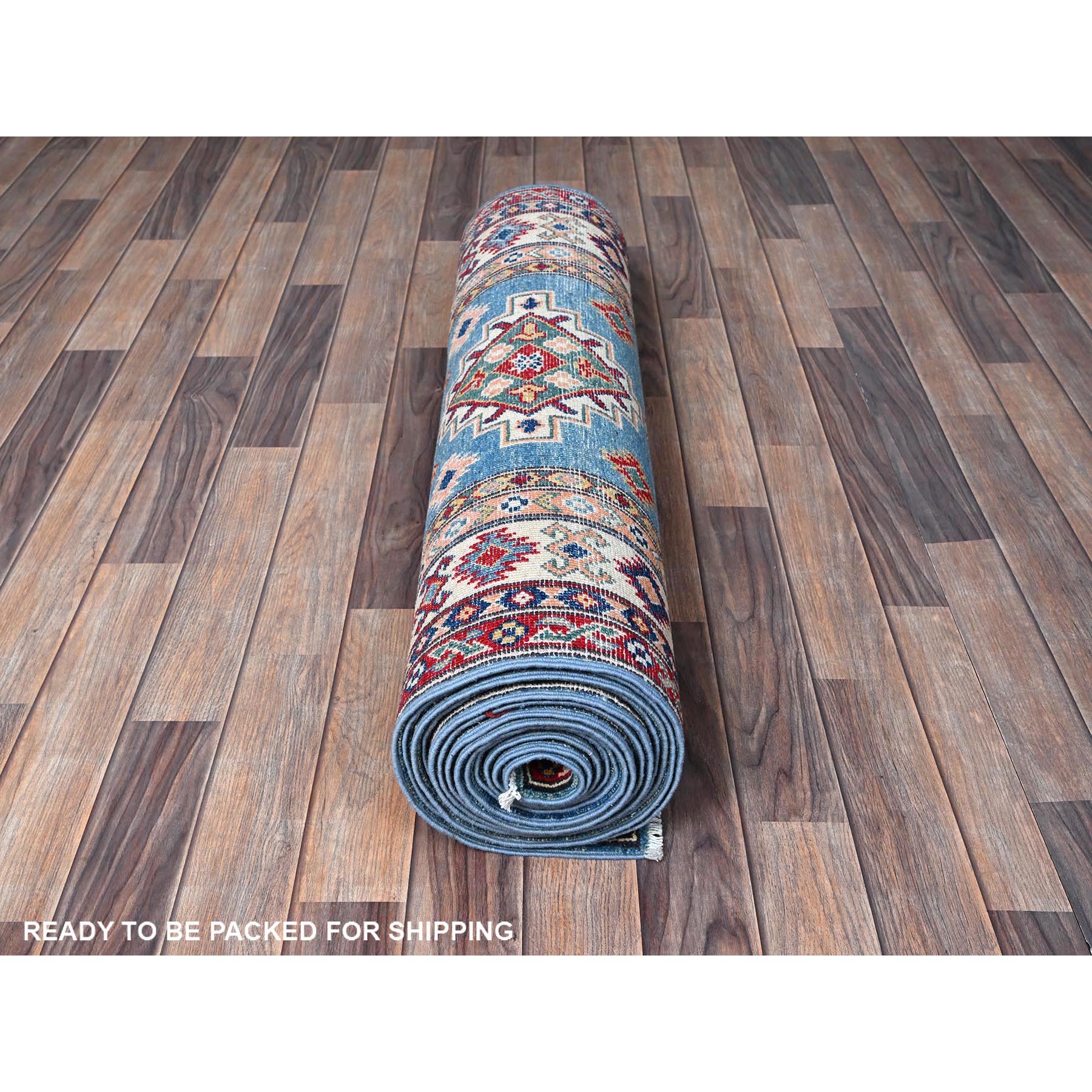 3'4"x19'6" Bayern Blue, Kazak with Geometric Medallions Design, Soft and Shiny Wool, Hand Knotted, Vegetable Dyes, Denser Weave, XL Wide Runner, Oriental Rug Sh471