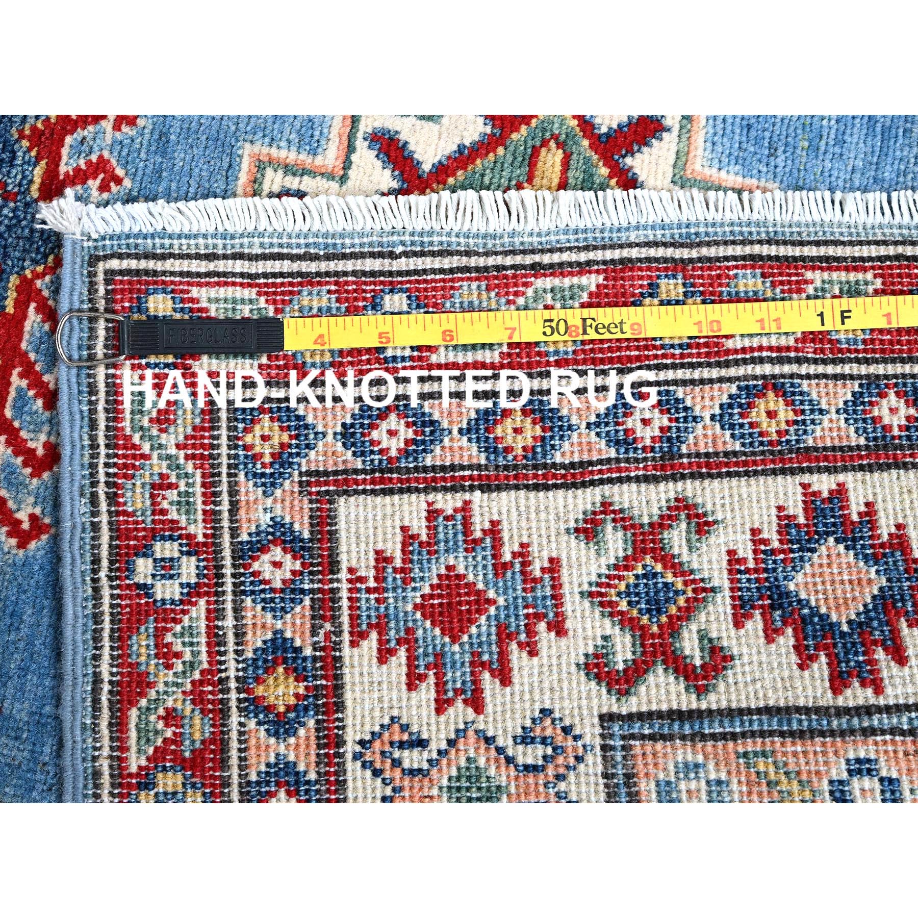3'4"x19'6" Bayern Blue, Kazak with Geometric Medallions Design, Soft and Shiny Wool, Hand Knotted, Vegetable Dyes, Denser Weave, XL Wide Runner, Oriental Rug Sh471