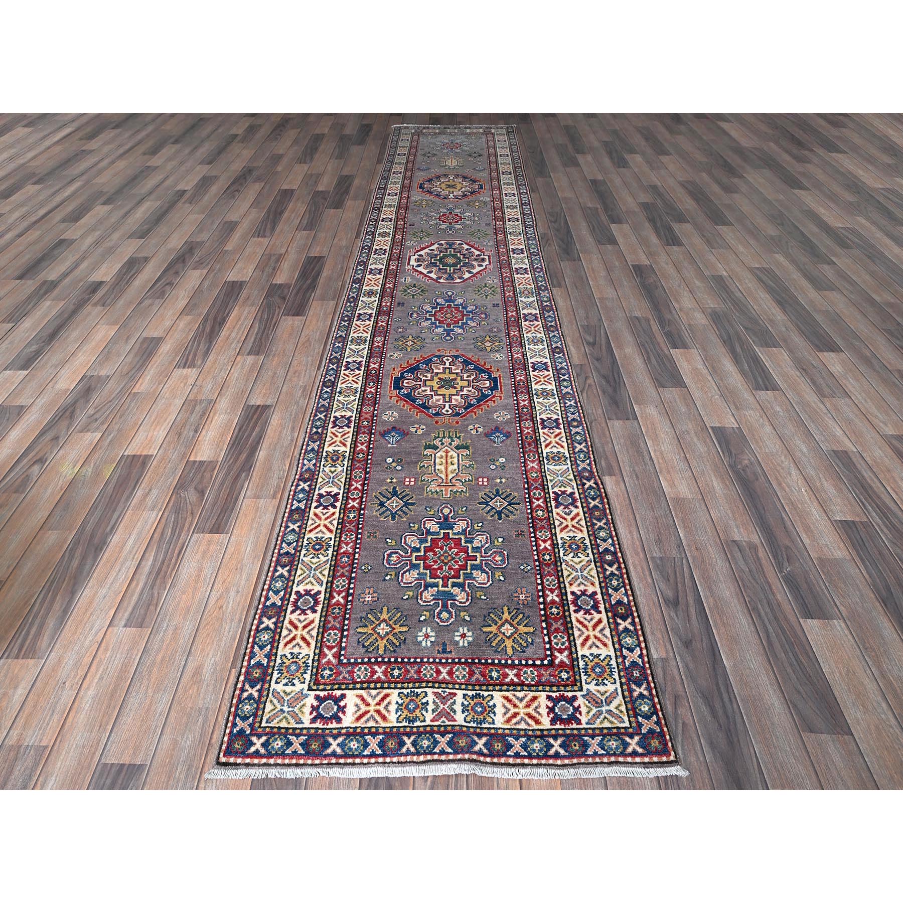 2'9"x12'6" Dove Gray, Kazak with Tribal Medallions Design, Hand Knotted, Soft and Velvety Wool, Vegetable Dyes, Denser Weave, Runner, Oriental Rug Sh472