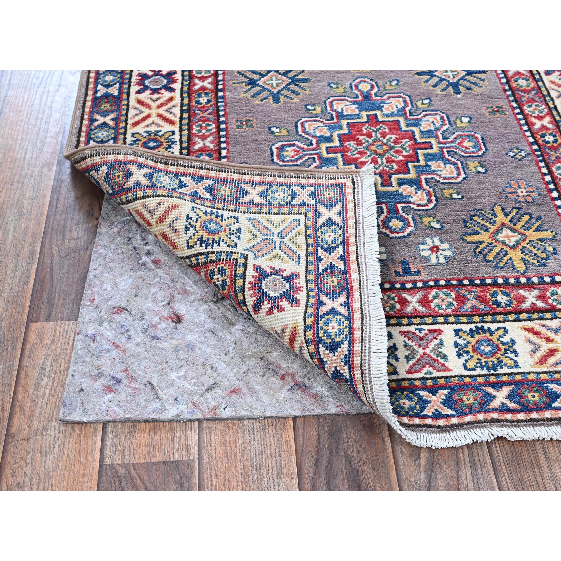 2'9"x12'6" Dove Gray, Kazak with Tribal Medallions Design, Hand Knotted, Soft and Velvety Wool, Vegetable Dyes, Denser Weave, Runner, Oriental Rug Sh472