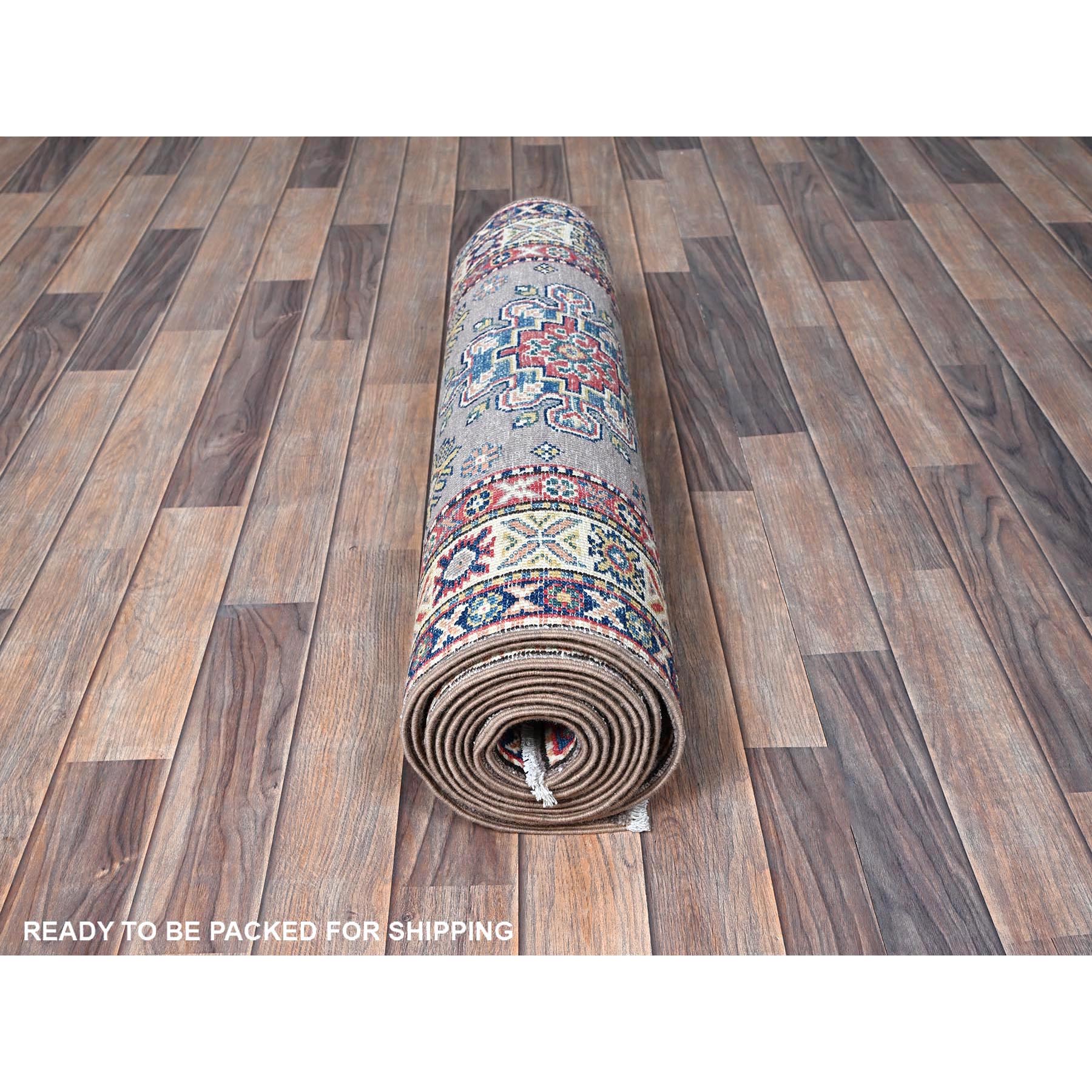 2'9"x12'6" Dove Gray, Kazak with Tribal Medallions Design, Hand Knotted, Soft and Velvety Wool, Vegetable Dyes, Denser Weave, Runner, Oriental Rug Sh472