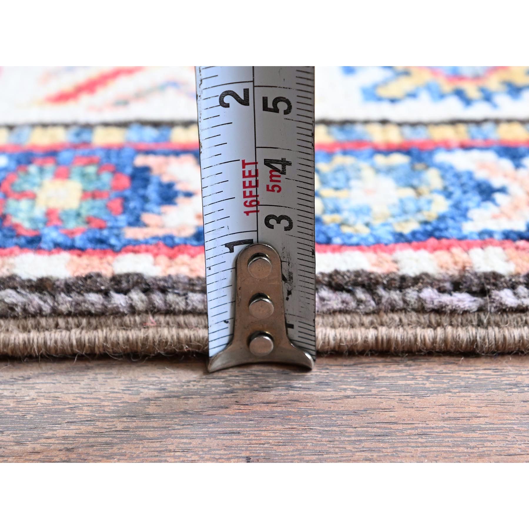 2'9"x12'6" Dove Gray, Kazak with Tribal Medallions Design, Hand Knotted, Soft and Velvety Wool, Vegetable Dyes, Denser Weave, Runner, Oriental Rug Sh472