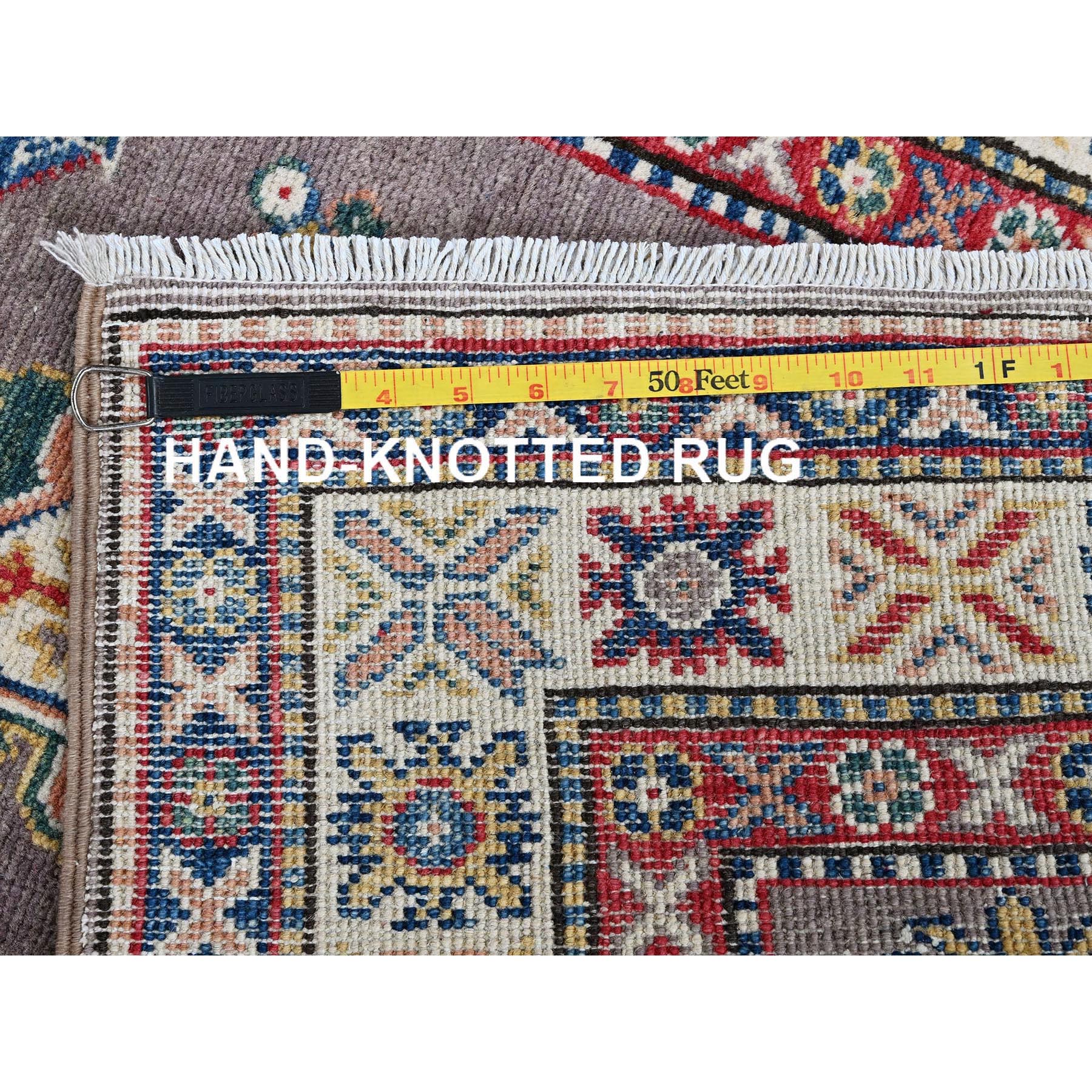 2'9"x12'6" Dove Gray, Kazak with Tribal Medallions Design, Hand Knotted, Soft and Velvety Wool, Vegetable Dyes, Denser Weave, Runner, Oriental Rug Sh472