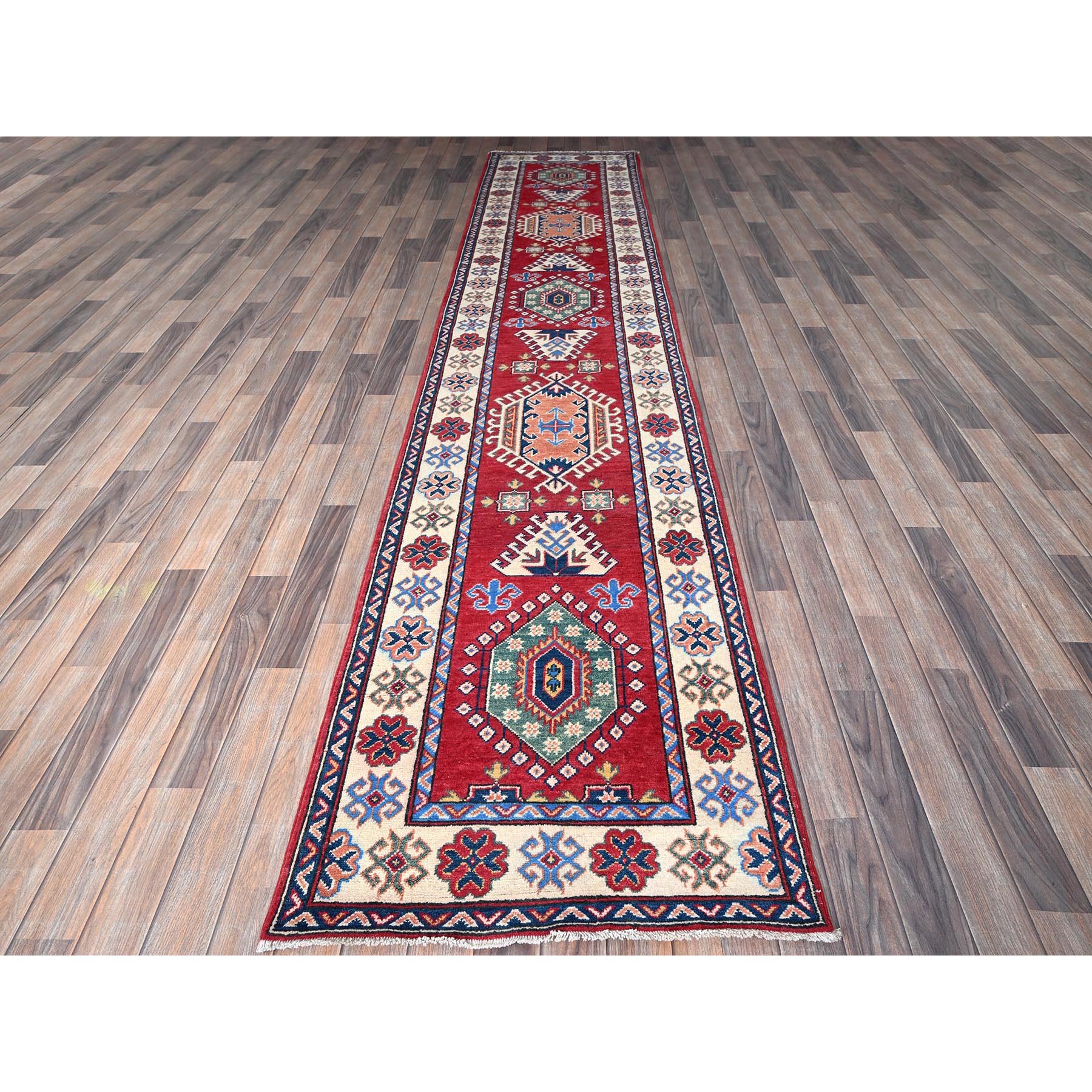 2'9"x12'10" Chili Red, Kazak with Tribal Medallions Design, Hand Knotted, Soft and Velvety Wool, Denser Weave, Vegetable Dyes, Runner, Oriental Rug Sh474