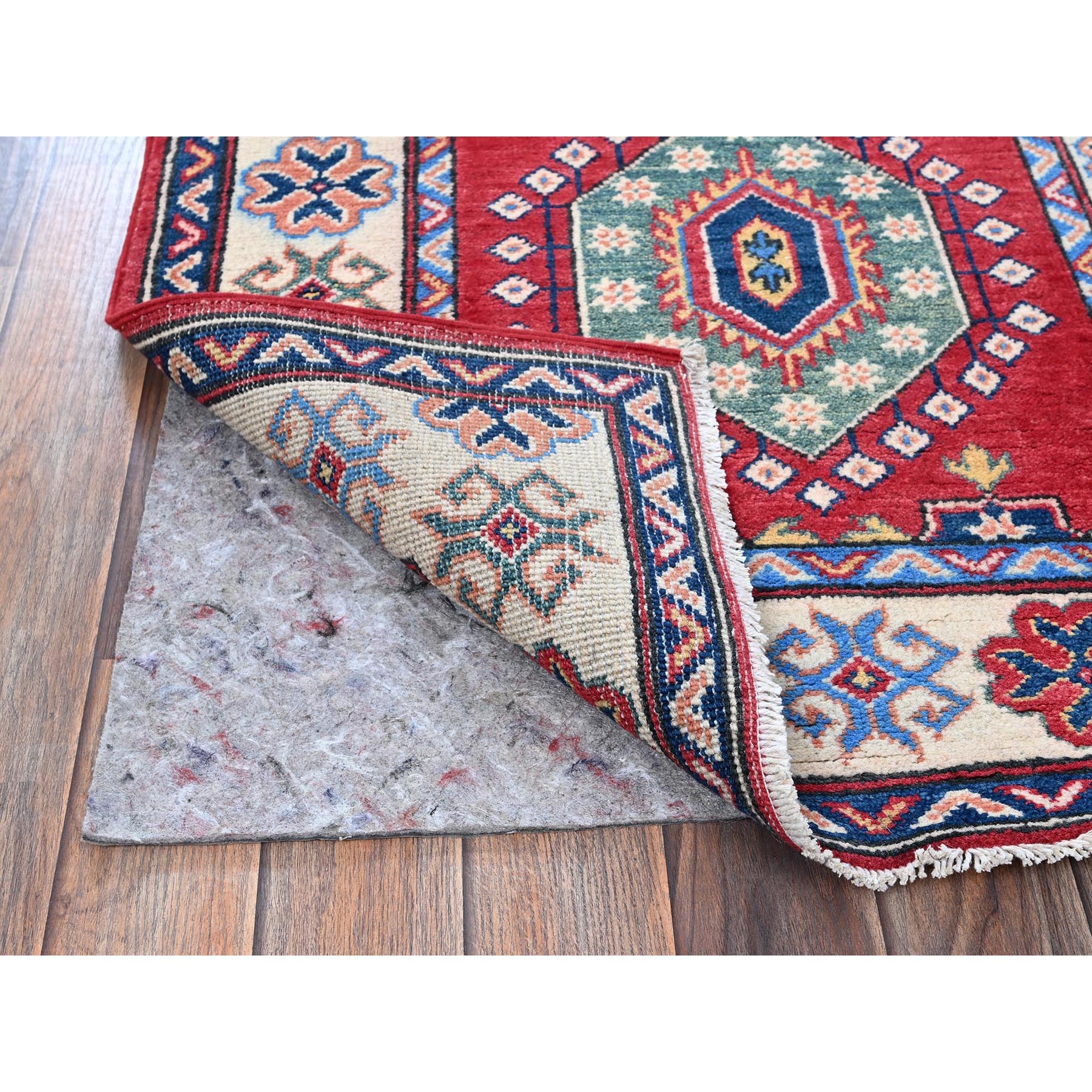 2'9"x12'10" Chili Red, Kazak with Tribal Medallions Design, Hand Knotted, Soft and Velvety Wool, Denser Weave, Vegetable Dyes, Runner, Oriental Rug Sh474