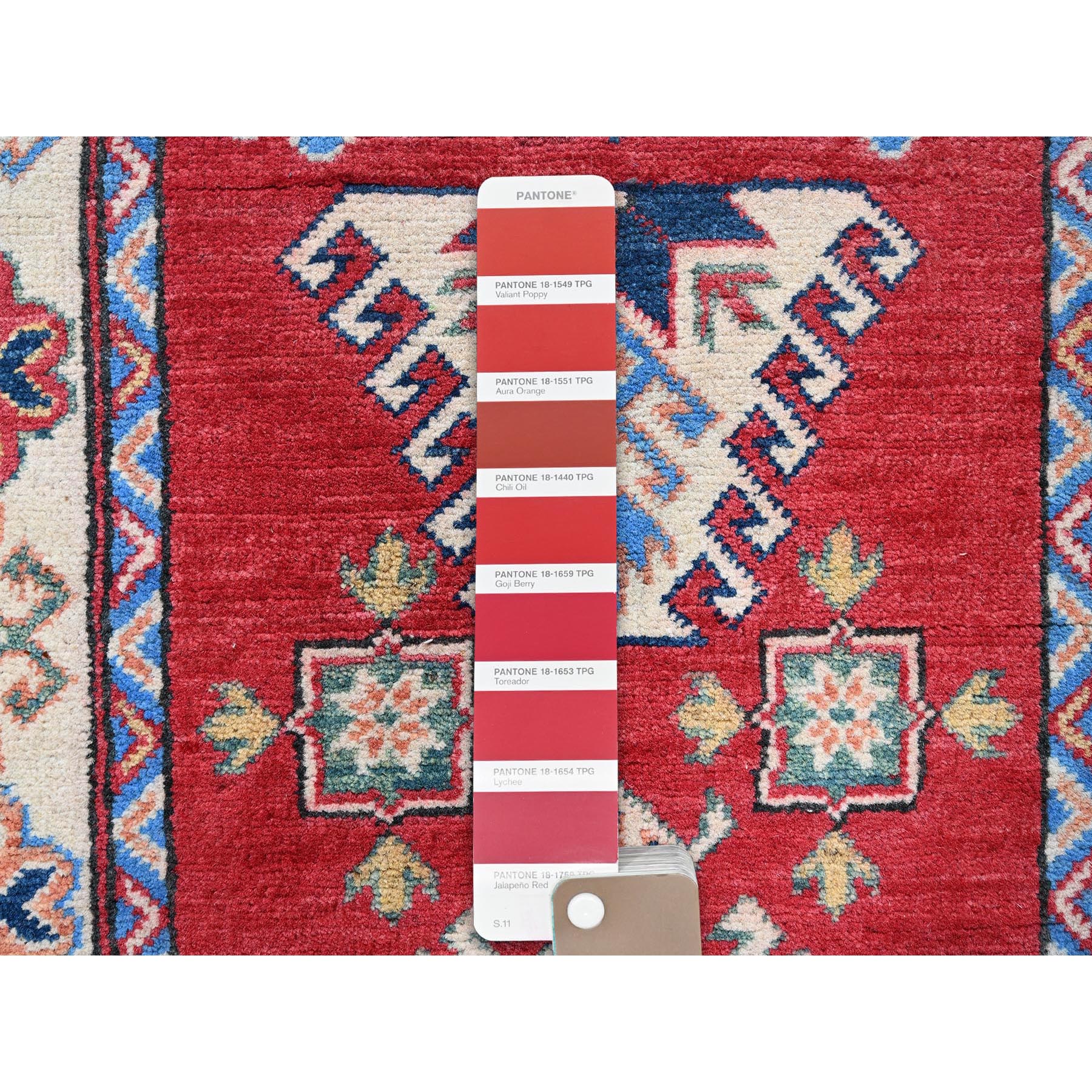 2'9"x12'10" Chili Red, Kazak with Tribal Medallions Design, Hand Knotted, Soft and Velvety Wool, Denser Weave, Vegetable Dyes, Runner, Oriental Rug Sh474