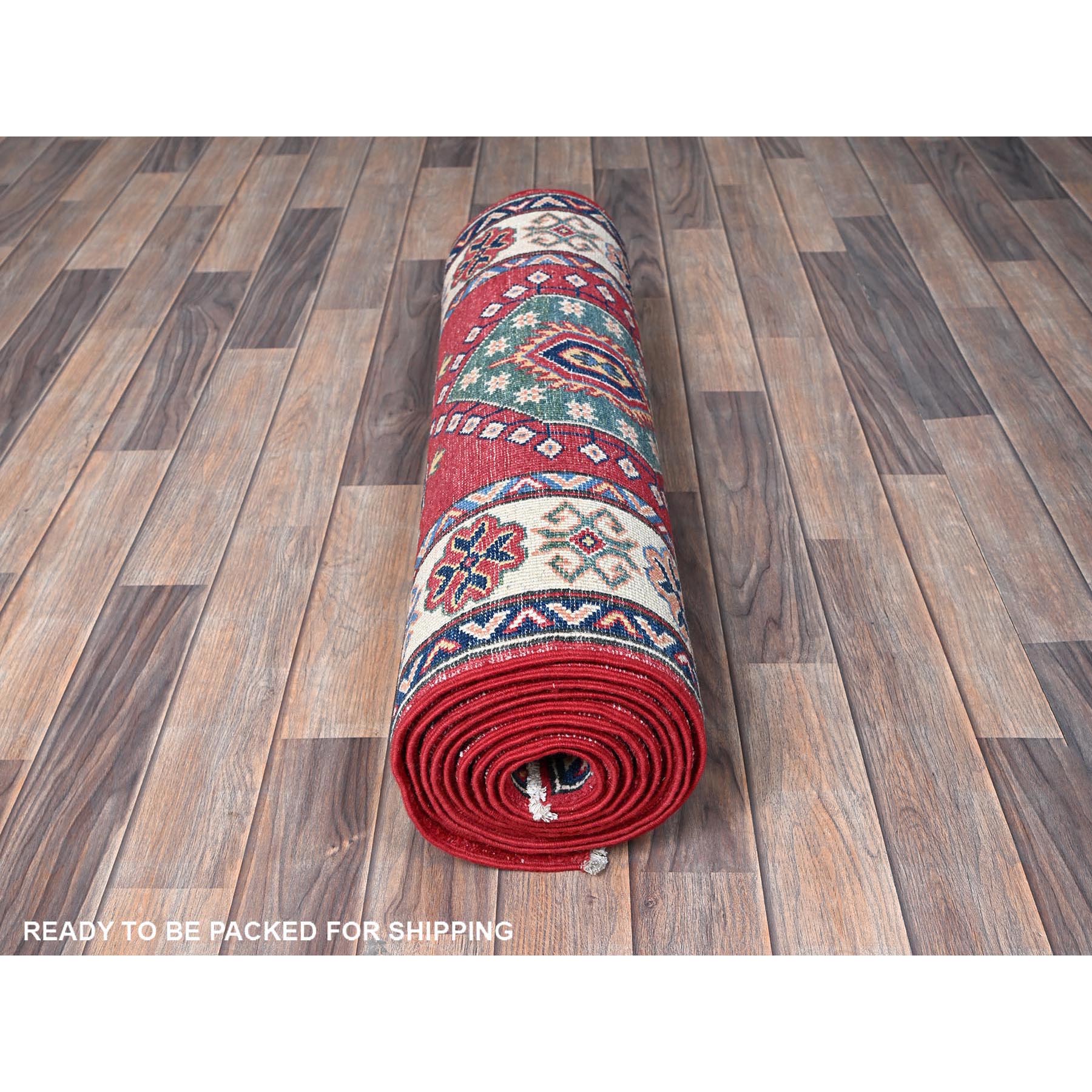 2'9"x12'10" Chili Red, Kazak with Tribal Medallions Design, Hand Knotted, Soft and Velvety Wool, Denser Weave, Vegetable Dyes, Runner, Oriental Rug Sh474