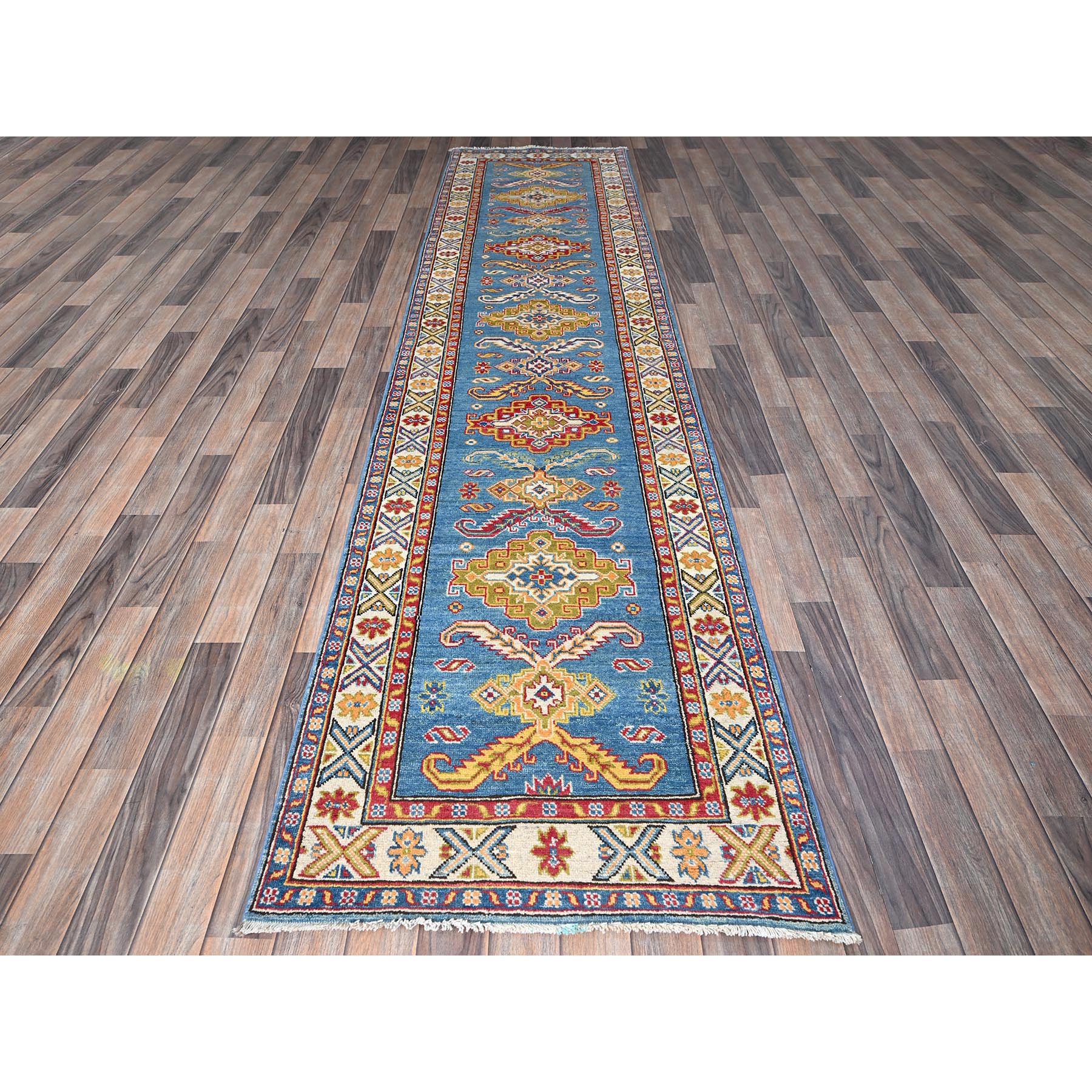 2'9"x11'2" Carolina Blue, Kazak with Tribal Medallions Design, Hand Knotted, Soft and Velvety Wool, Vegetable Dyes, Denser Weave, Runner, Oriental Rug Sh475