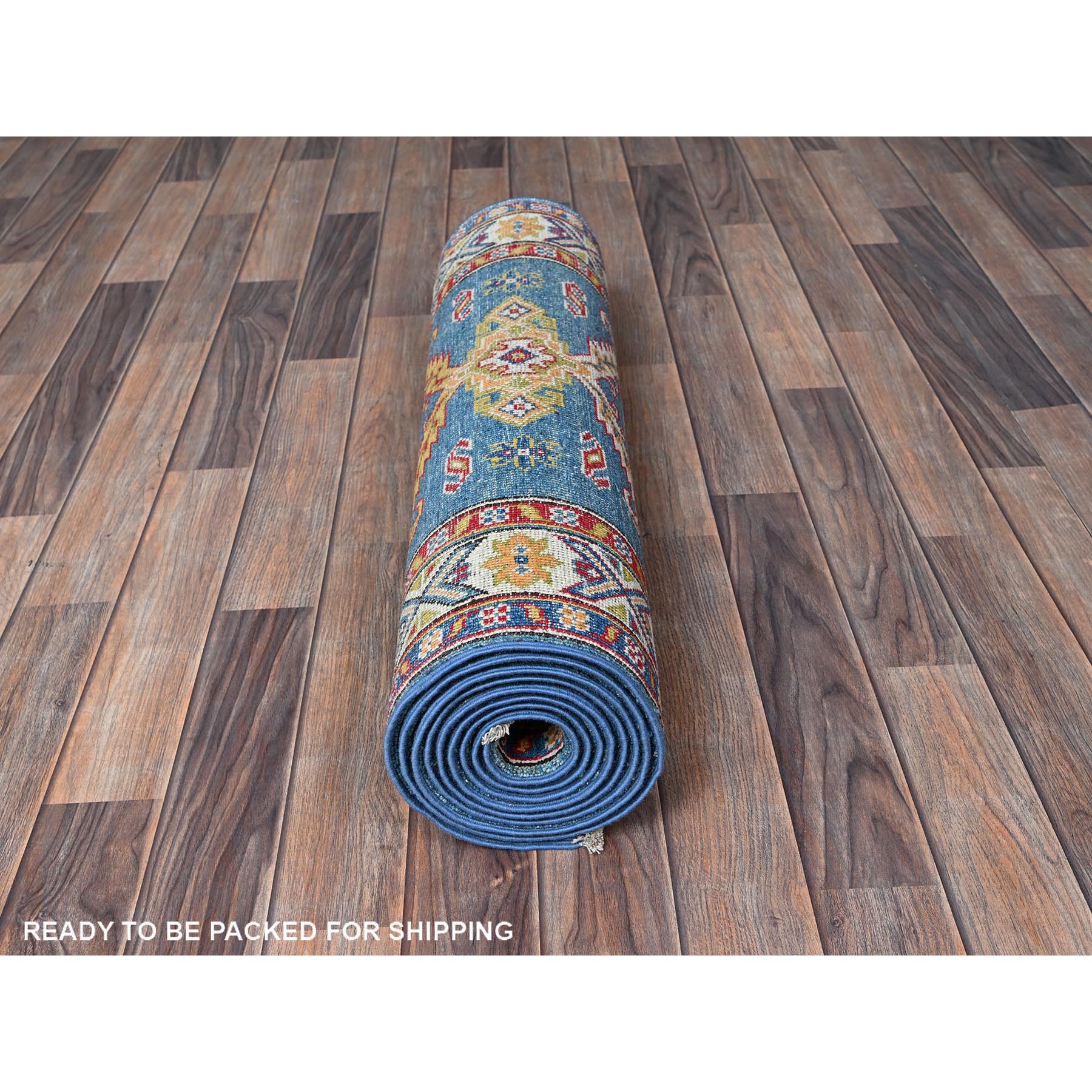 2'9"x11'2" Carolina Blue, Kazak with Tribal Medallions Design, Hand Knotted, Soft and Velvety Wool, Vegetable Dyes, Denser Weave, Runner, Oriental Rug Sh475