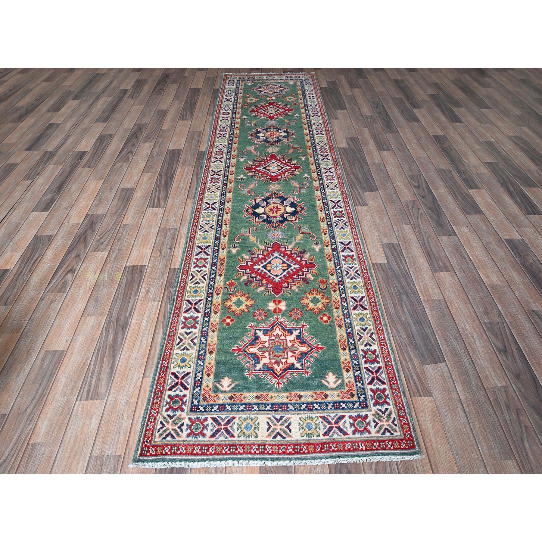 2'8"x9'10" Marine Green, Kazak with Geometric Medallions Design, Hand Knotted, Soft and Velvety Wool, Vegetable Dyes, Denser Weave, Runner, Oriental Rug Sh476