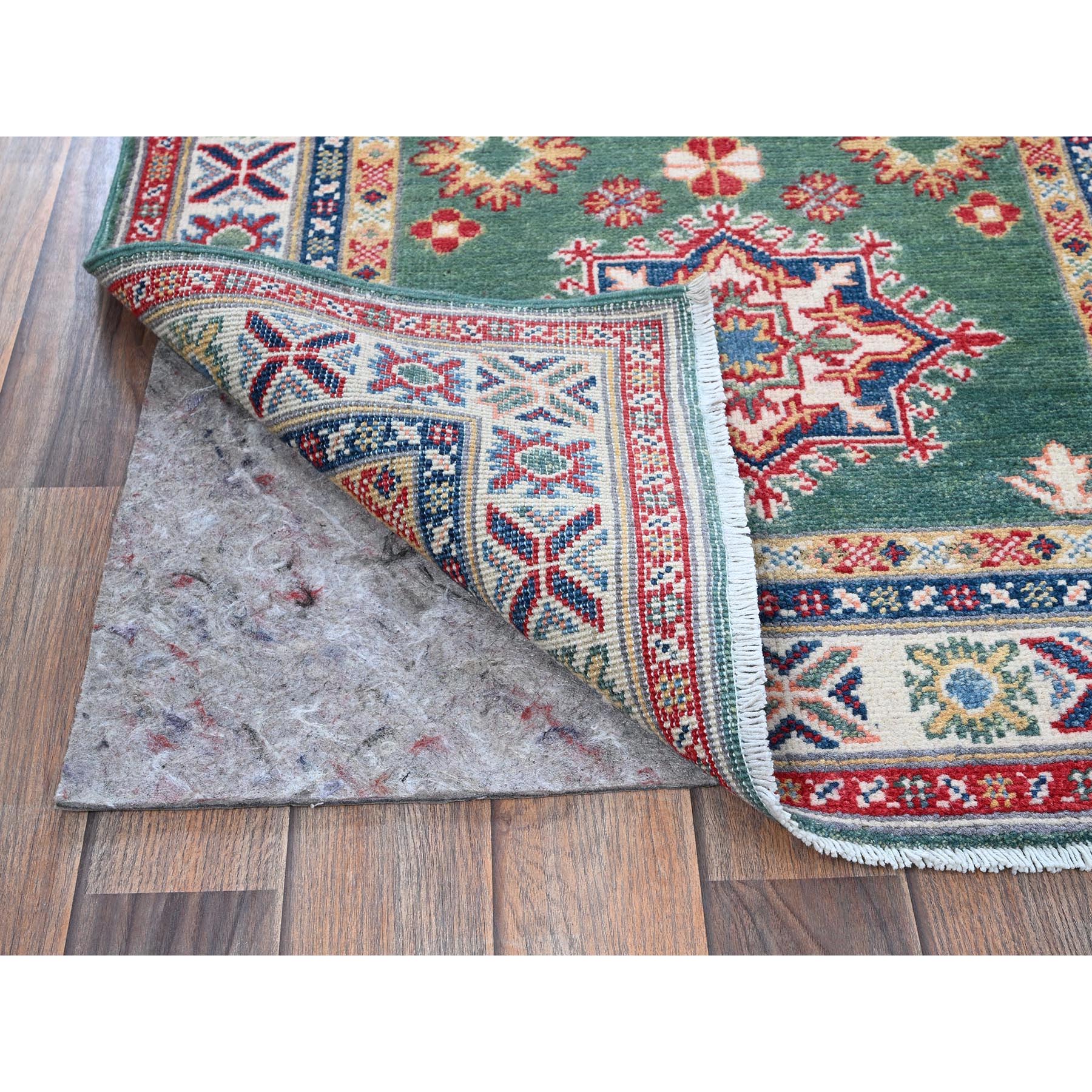 2'8"x9'10" Marine Green, Kazak with Geometric Medallions Design, Hand Knotted, Soft and Velvety Wool, Vegetable Dyes, Denser Weave, Runner, Oriental Rug Sh476