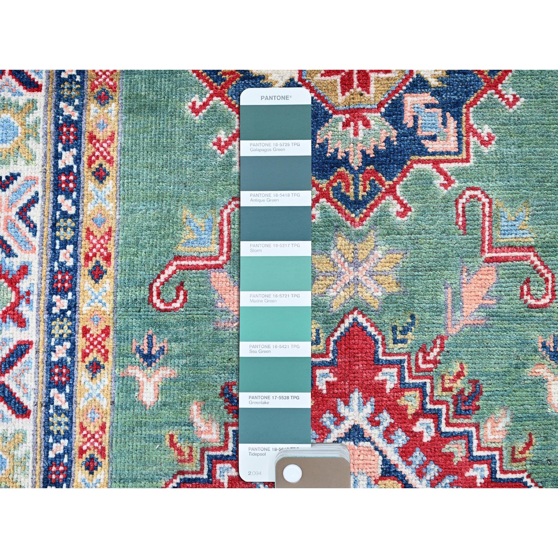 2'8"x9'10" Marine Green, Kazak with Geometric Medallions Design, Hand Knotted, Soft and Velvety Wool, Vegetable Dyes, Denser Weave, Runner, Oriental Rug Sh476
