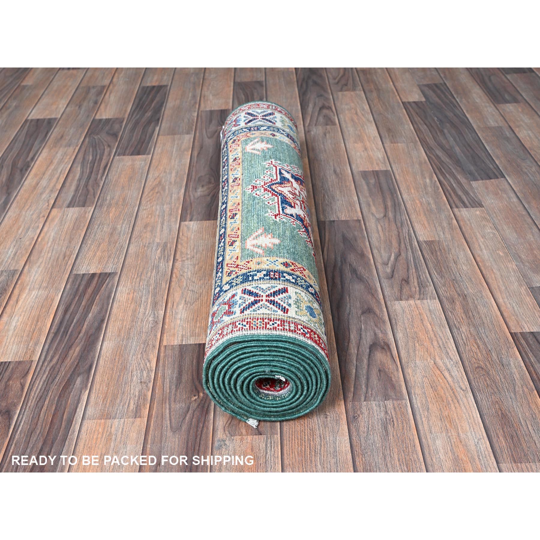 2'8"x9'10" Marine Green, Kazak with Geometric Medallions Design, Hand Knotted, Soft and Velvety Wool, Vegetable Dyes, Denser Weave, Runner, Oriental Rug Sh476