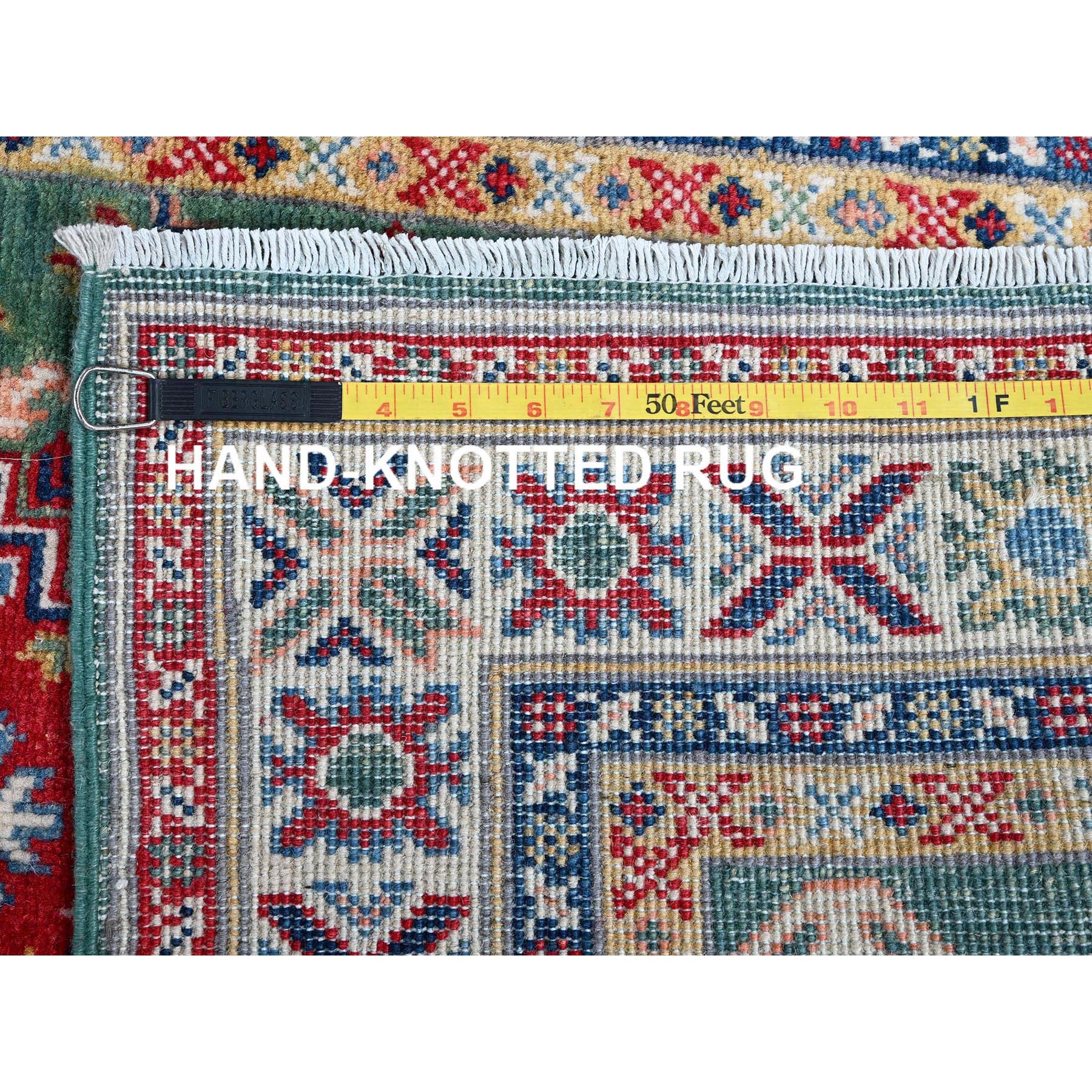 2'8"x9'10" Marine Green, Kazak with Geometric Medallions Design, Hand Knotted, Soft and Velvety Wool, Vegetable Dyes, Denser Weave, Runner, Oriental Rug Sh476