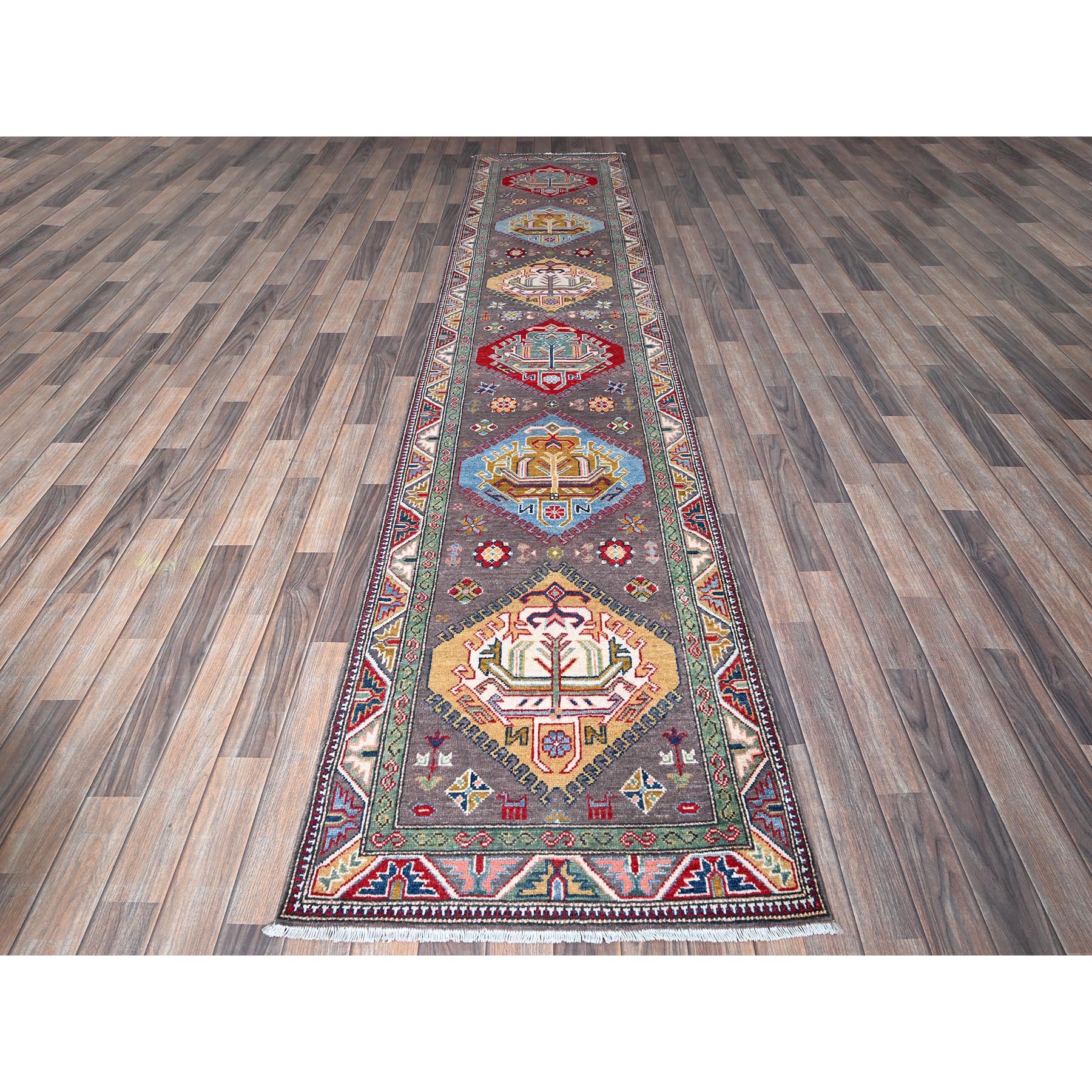 2'8"x12' Quail Gray, Kazak with Tribal Medallions Design, Hand Knotted, Soft and Velvety Wool, Denser Weave, Vegetable Dyes, Runner, Oriental Rug Sh477