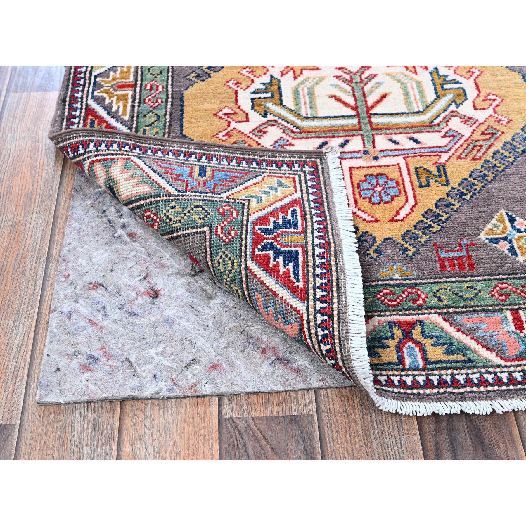 2'8"x12' Quail Gray, Kazak with Tribal Medallions Design, Hand Knotted, Soft and Velvety Wool, Denser Weave, Vegetable Dyes, Runner, Oriental Rug Sh477