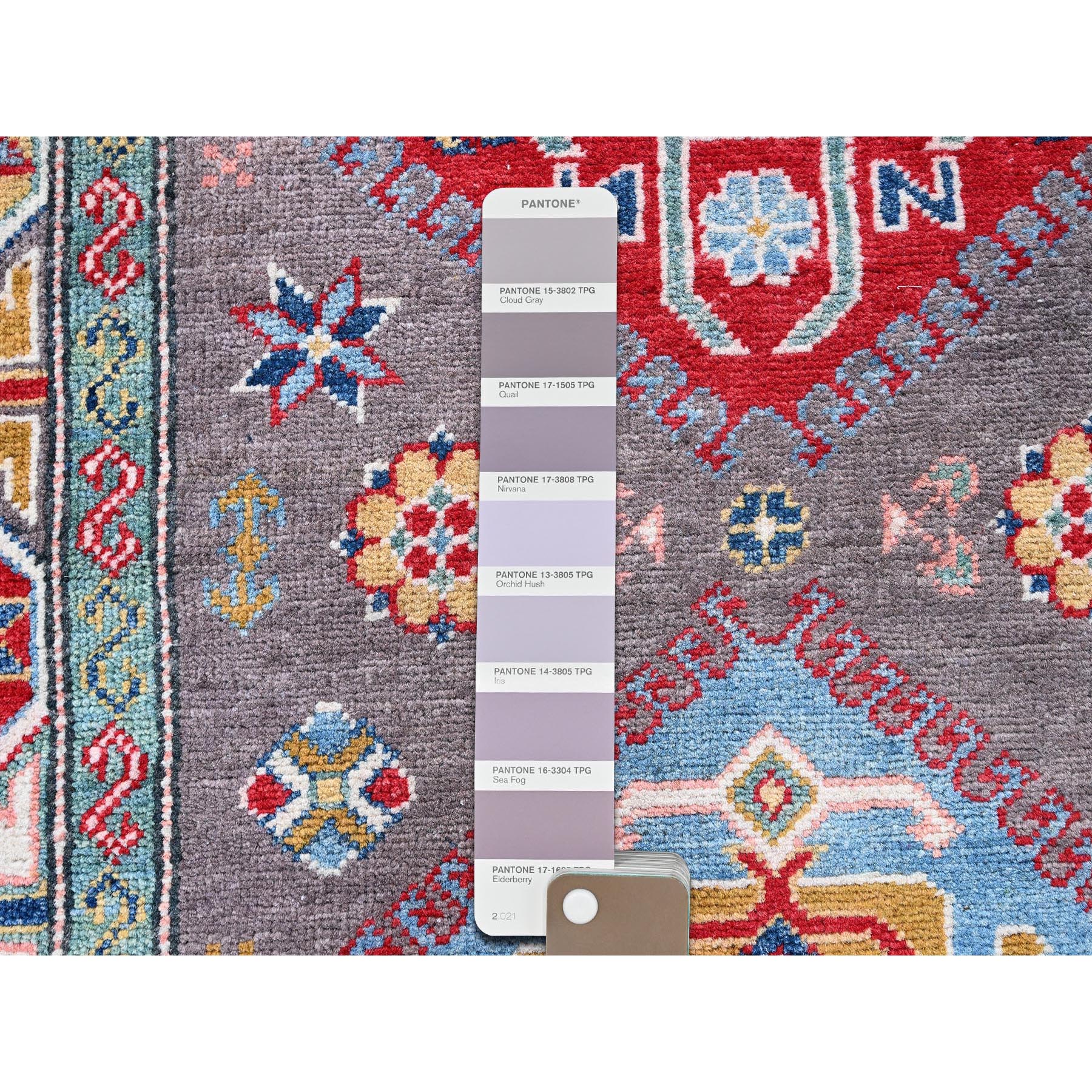 2'8"x12' Quail Gray, Kazak with Tribal Medallions Design, Hand Knotted, Soft and Velvety Wool, Denser Weave, Vegetable Dyes, Runner, Oriental Rug Sh477