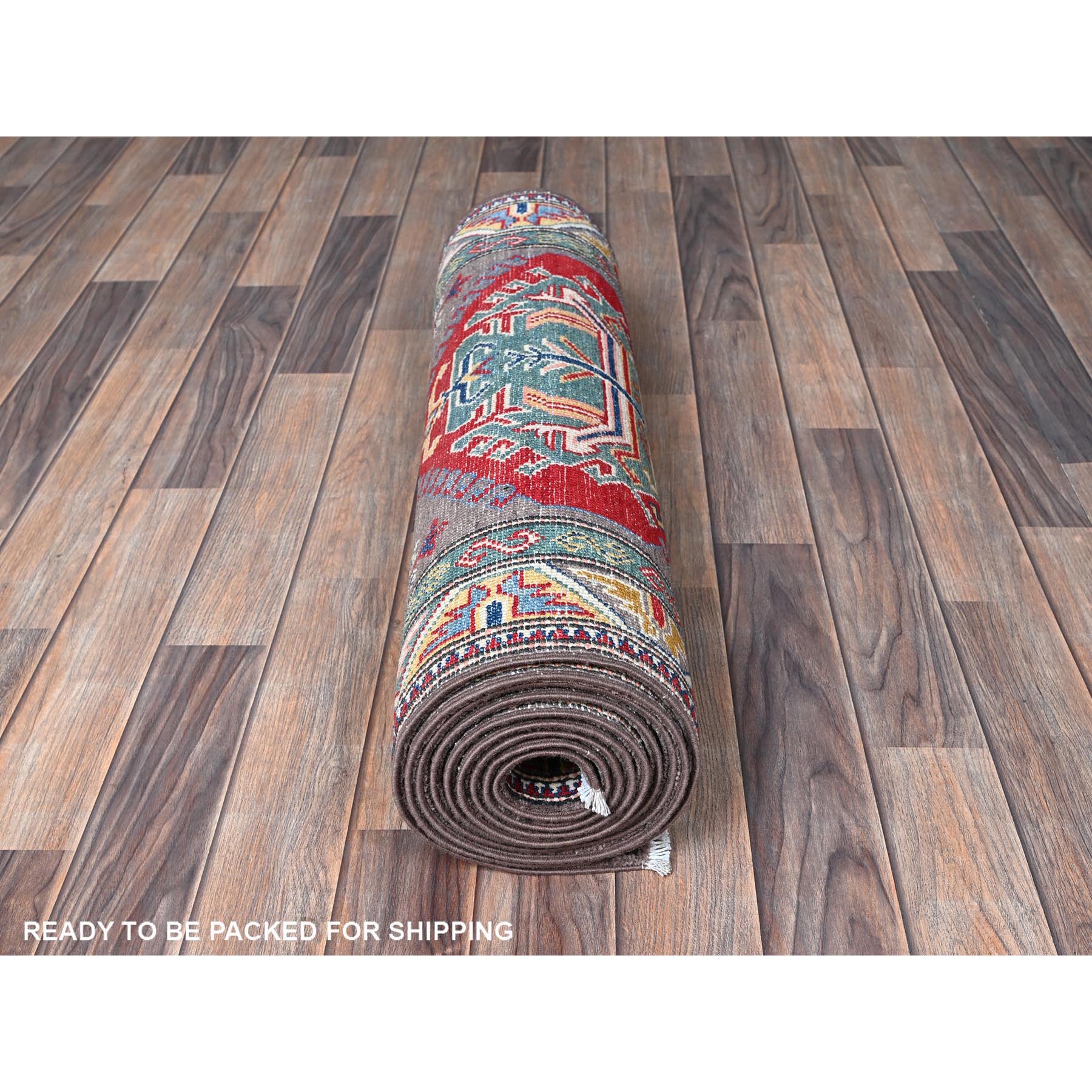 2'8"x12' Quail Gray, Kazak with Tribal Medallions Design, Hand Knotted, Soft and Velvety Wool, Denser Weave, Vegetable Dyes, Runner, Oriental Rug Sh477