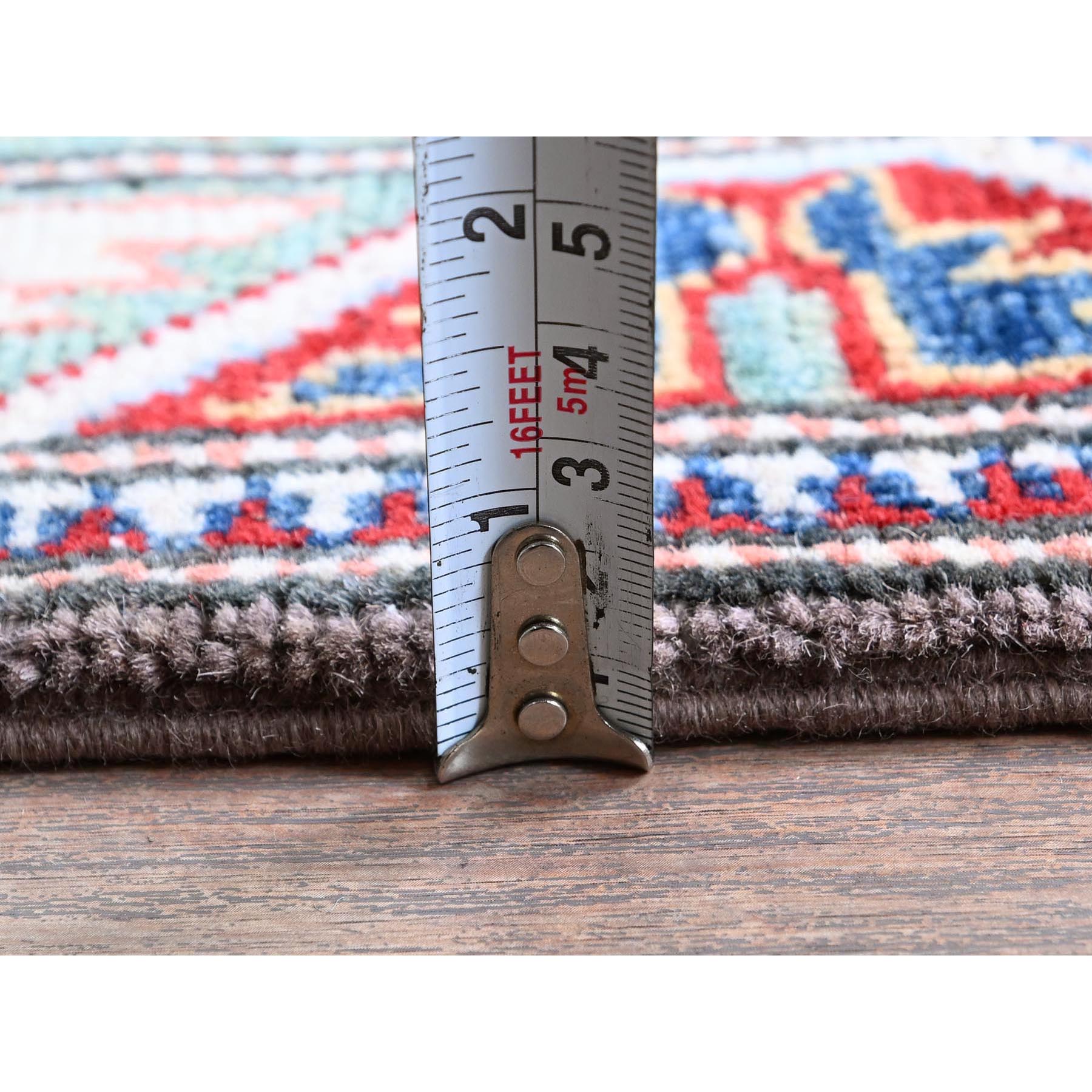 2'8"x12' Quail Gray, Kazak with Tribal Medallions Design, Hand Knotted, Soft and Velvety Wool, Denser Weave, Vegetable Dyes, Runner, Oriental Rug Sh477