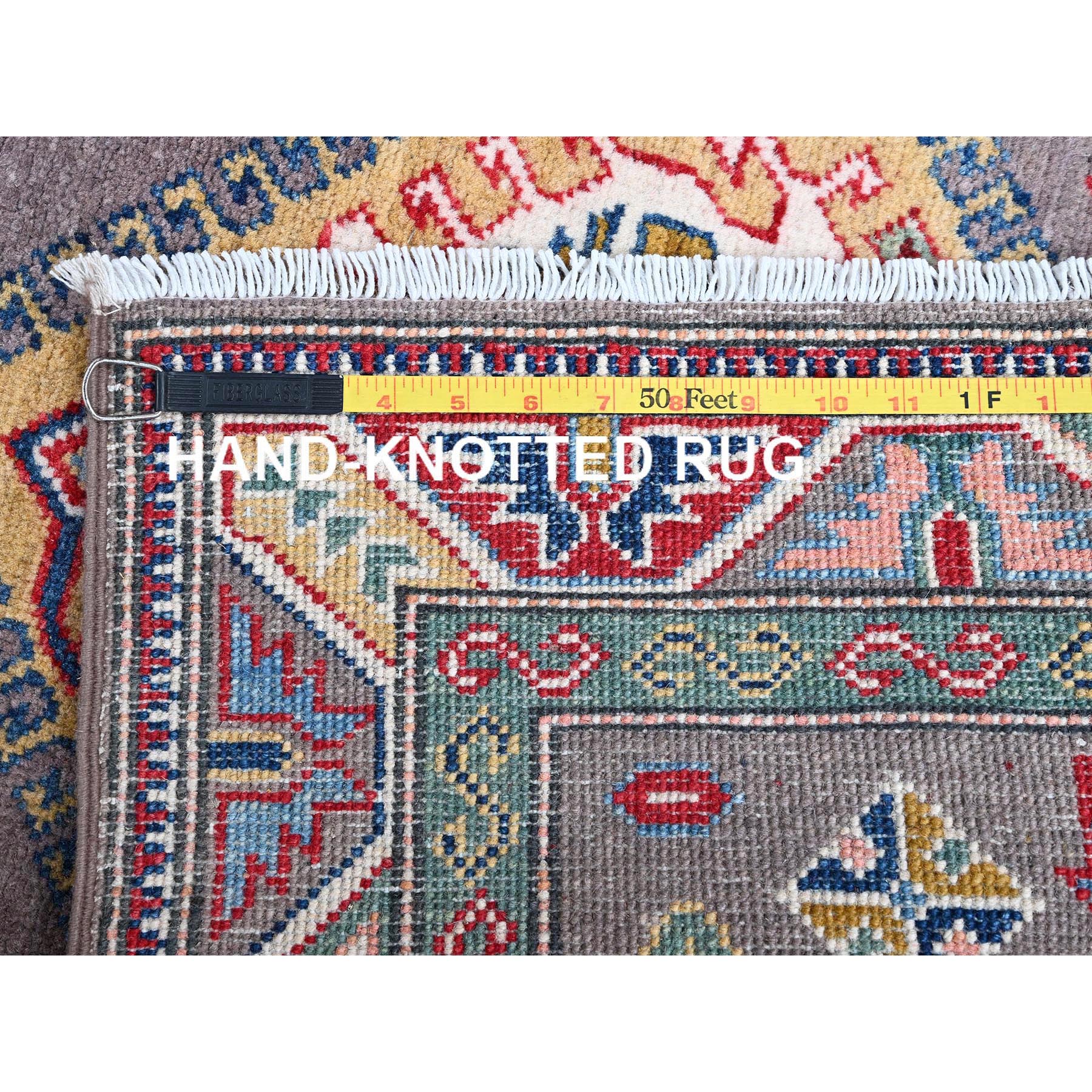 2'8"x12' Quail Gray, Kazak with Tribal Medallions Design, Hand Knotted, Soft and Velvety Wool, Denser Weave, Vegetable Dyes, Runner, Oriental Rug Sh477