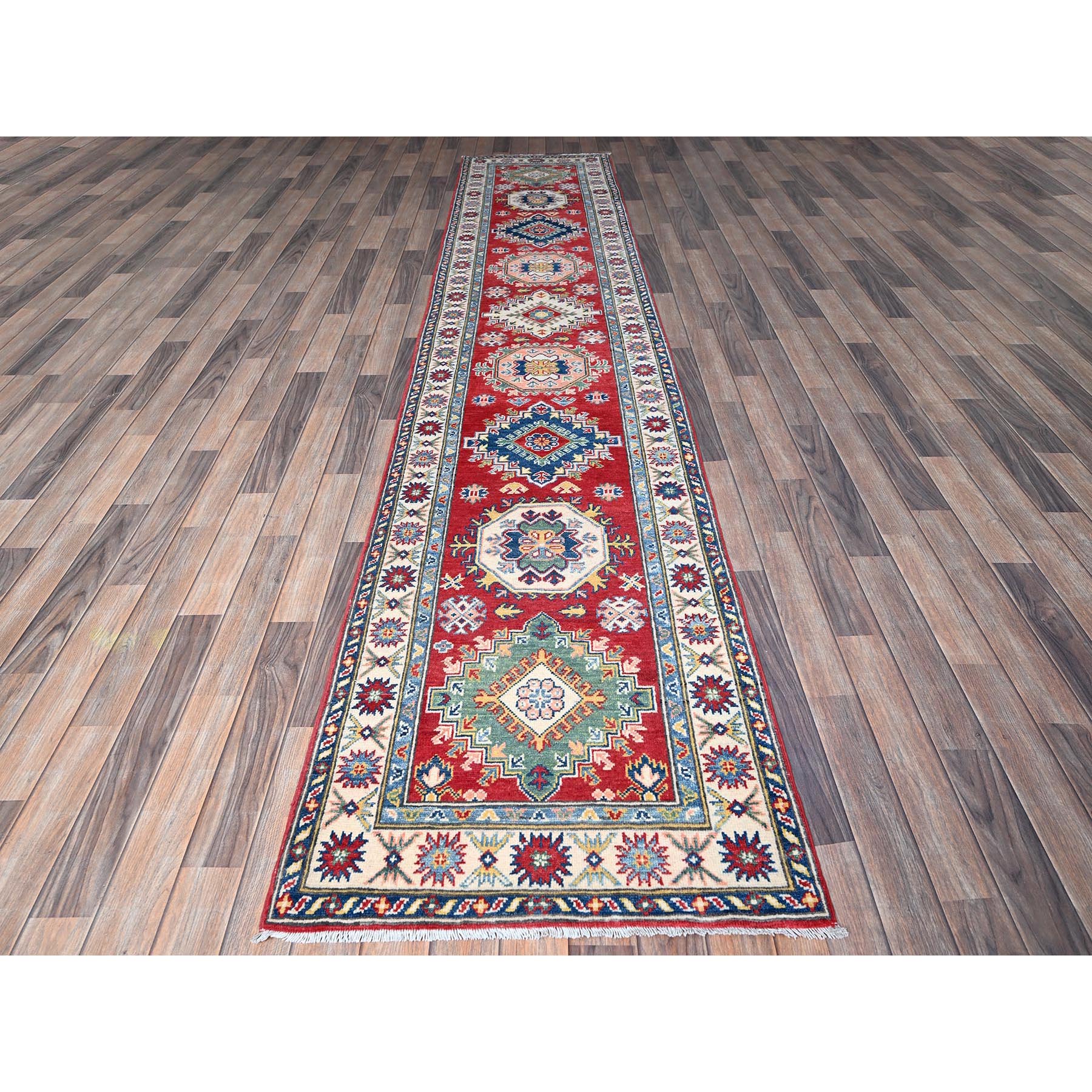 2'7"x12'7" Berry Red, Kazak with Tribal Medallions Design, Hand Knotted, Soft and Shiny Wool, Vegetable Dyes, Denser Weave, Runner, Oriental Rug Sh479