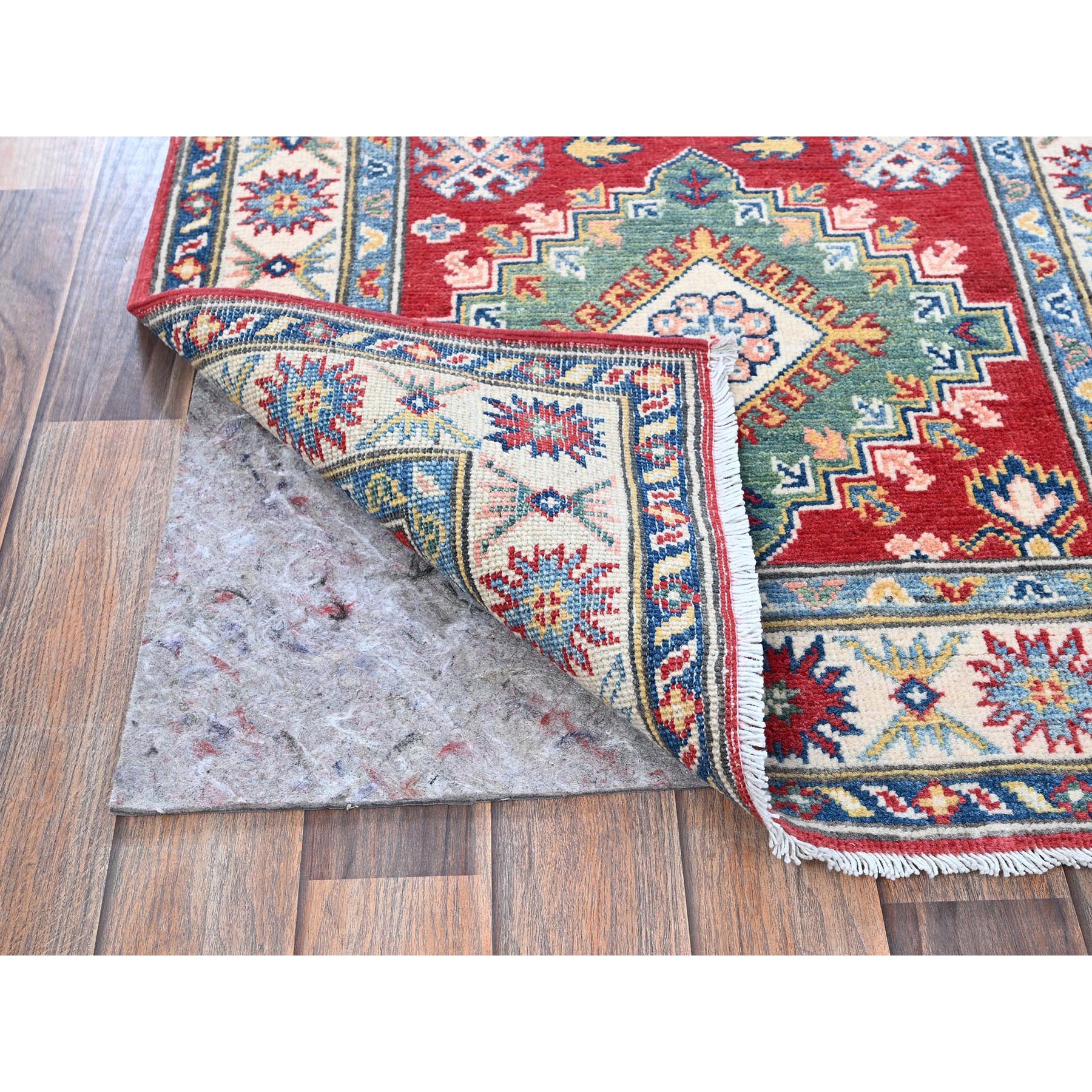 2'7"x12'7" Berry Red, Kazak with Tribal Medallions Design, Hand Knotted, Soft and Shiny Wool, Vegetable Dyes, Denser Weave, Runner, Oriental Rug Sh479