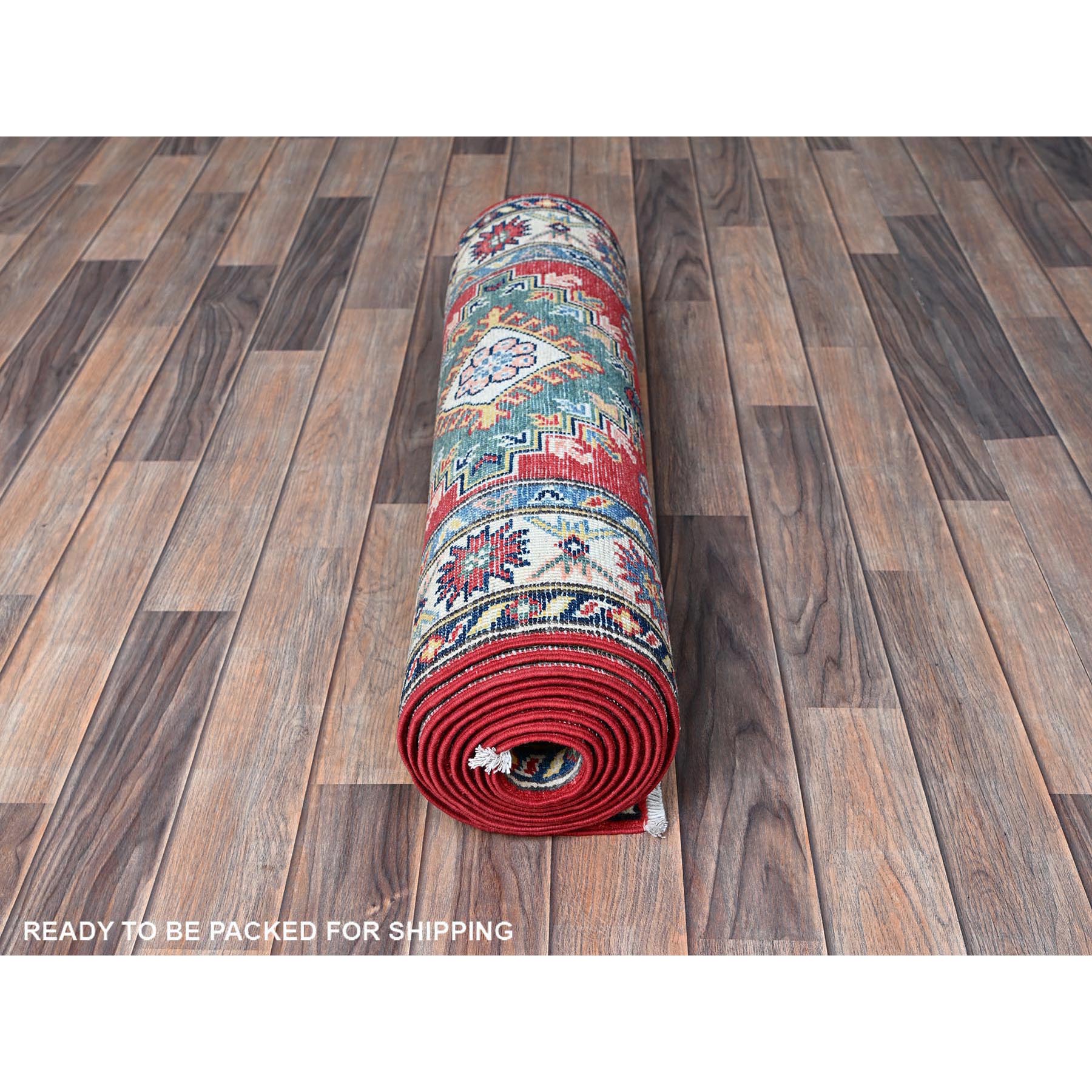 2'7"x12'7" Berry Red, Kazak with Tribal Medallions Design, Hand Knotted, Soft and Shiny Wool, Vegetable Dyes, Denser Weave, Runner, Oriental Rug Sh479