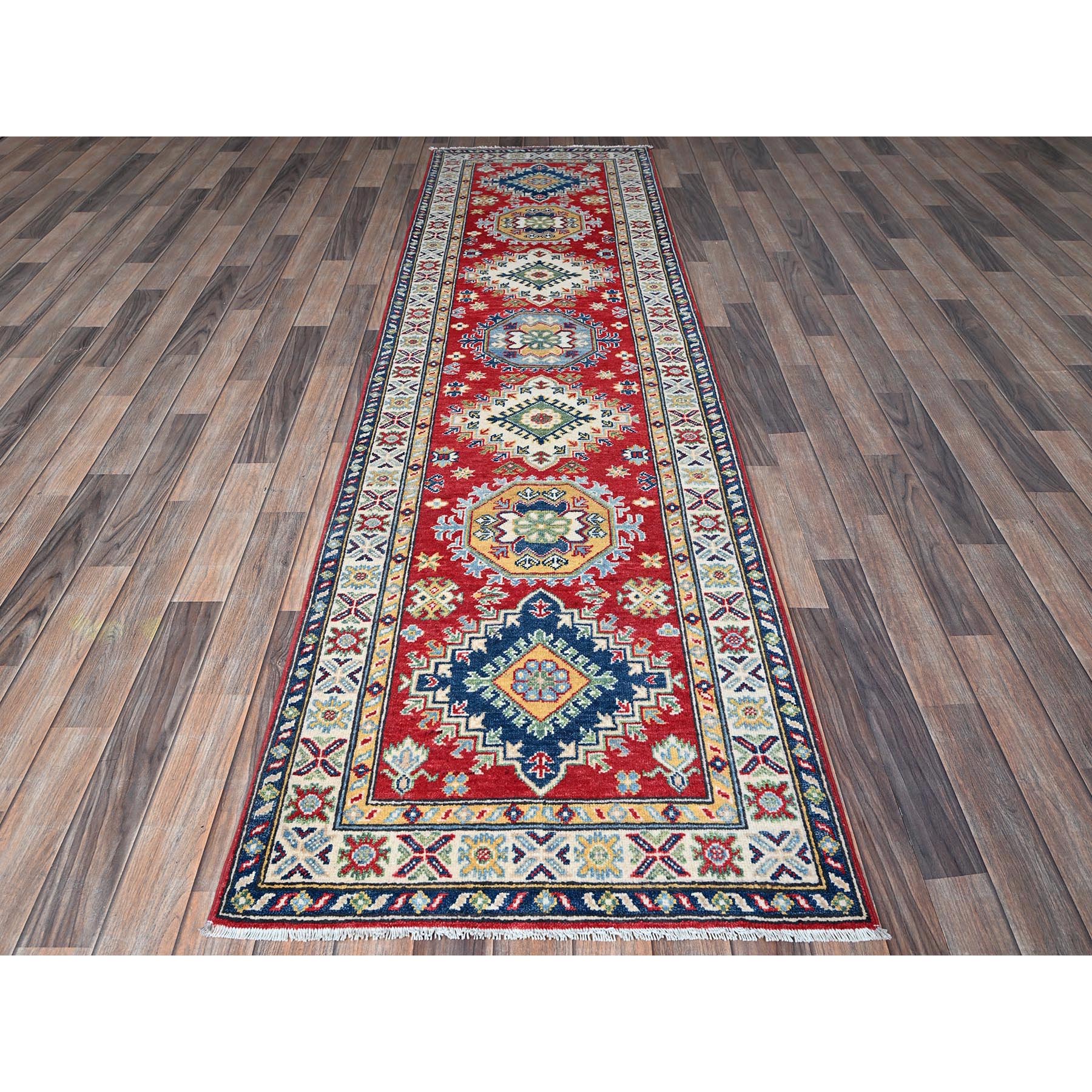 2'9"x9'6" Ajax Red, Kazak with Geometric Medallions Design, Hand Knotted, Soft and Shiny Wool, Denser Weave, Vegetable Dyes, Runner, Oriental Rug Sh480